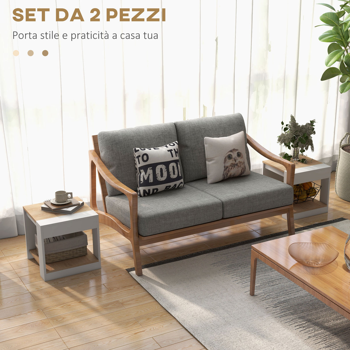 easycomfort easycomfort set da 2 tavolini da soggiorno con design a due livelli 40x40x45cm bianco e quercia