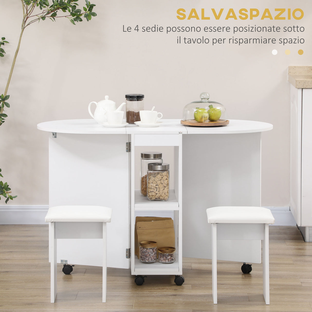 easycomfort easycomfort set da cucina 5 pezzi tavolo pieghevole con 2 ripiani e 4 sgabelli in legno truciolato bianco