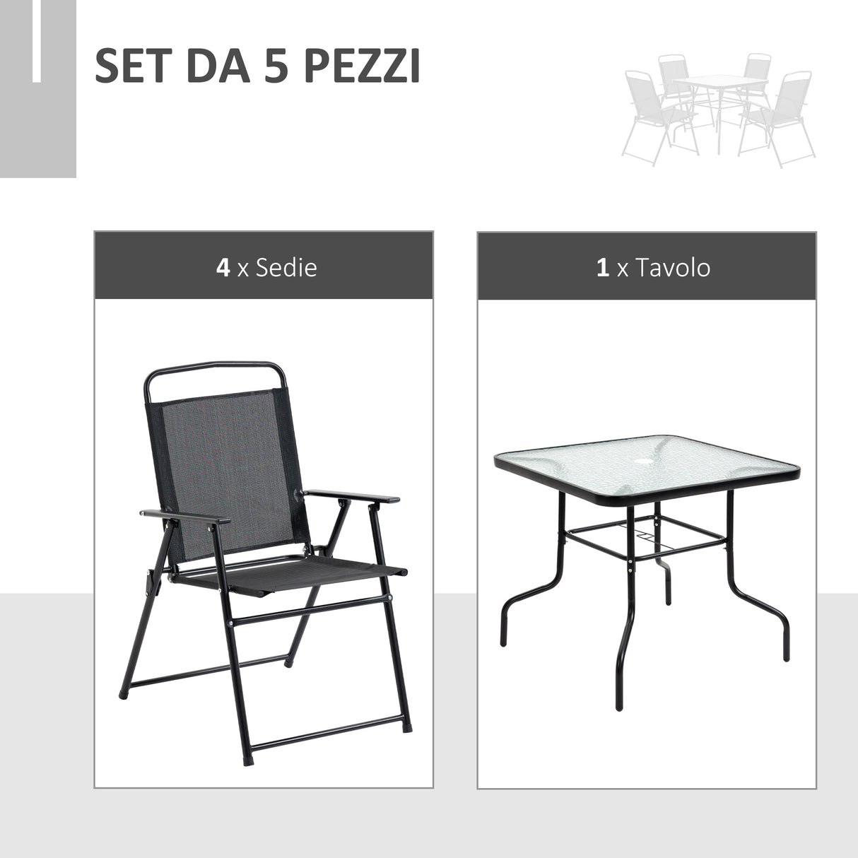 easycomfort easycomfort set da giardino 5 pezzi con 4 sedie pieghevoli e tavolo in metallo e vetro temperato nero