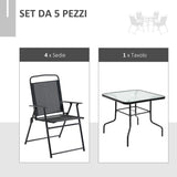 easycomfort easycomfort set da giardino 5 pezzi con 4 sedie pieghevoli e tavolo in metallo e vetro temperato nero