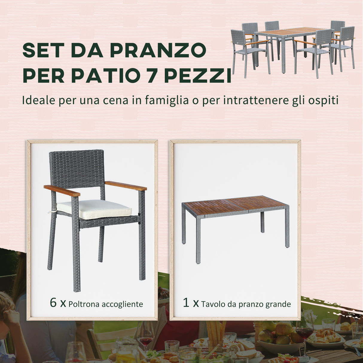 easycomfort easycomfort set da giardino 7 pezzi tavolo in acciaio e 6 sedie in legno e rattan con cuscini grigio