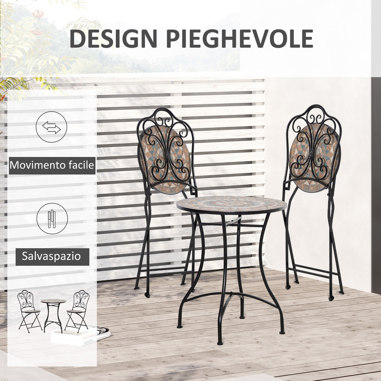 easycomfort easycomfort set mobili da giardino 3 pezzi con 2 sedie pieghevoli e tavolo da caffe in ceramica e metallo nero