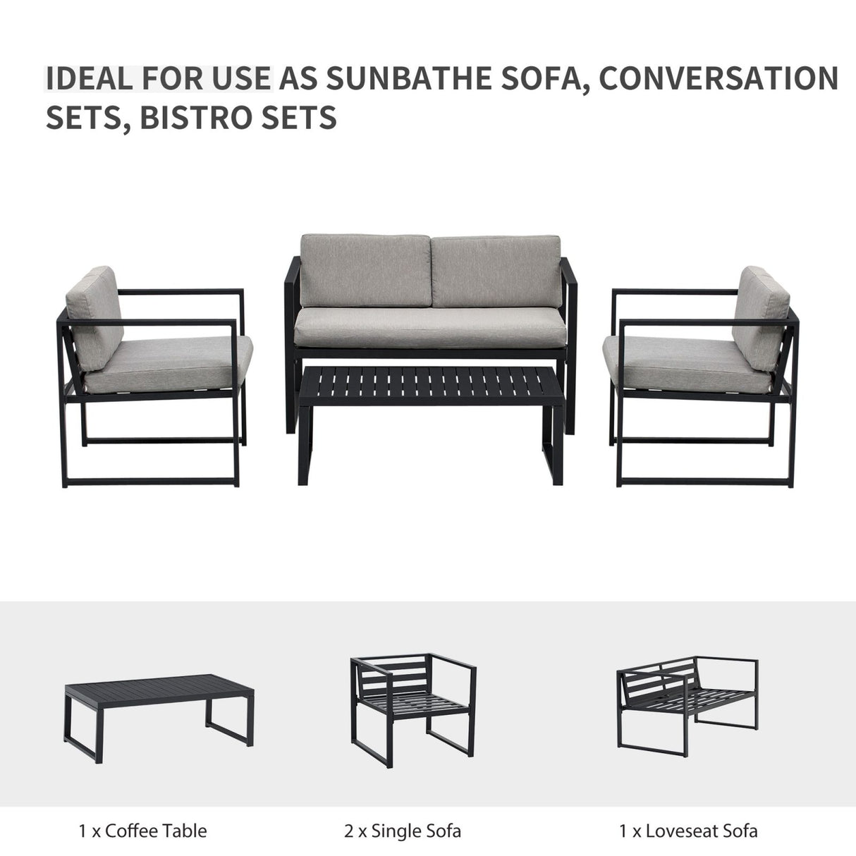 easycomfort easycomfort set mobili da giardino con divano 2 posti 2 poltrone e tavolino in alluminio con cuscini grigio e nero ean 8055776915517