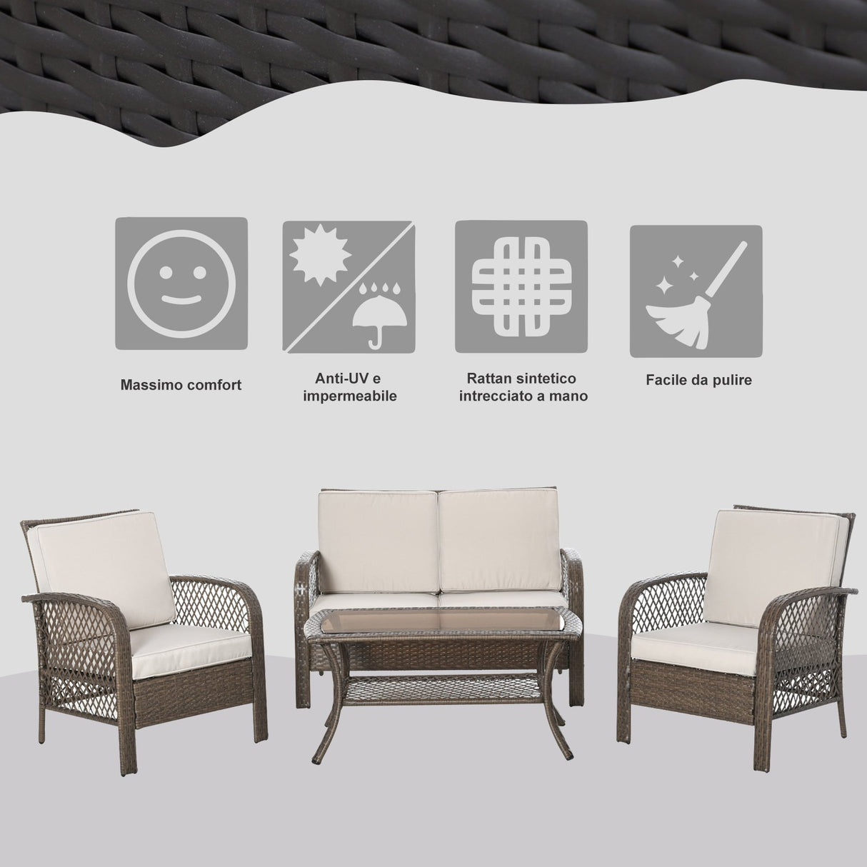 easycomfort easycomfort set mobili da giardino in pe rattan marrone set tavolino sedie e divano da esterno 4pz con cuscini imbottiti cachi ean 8055776916255