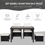 easycomfort easycomfort set mobili da giardino rattan 5 pezzi tavolo 2 sedie 2 poggiapiedi con cuscini combinabili a rettangolo nero