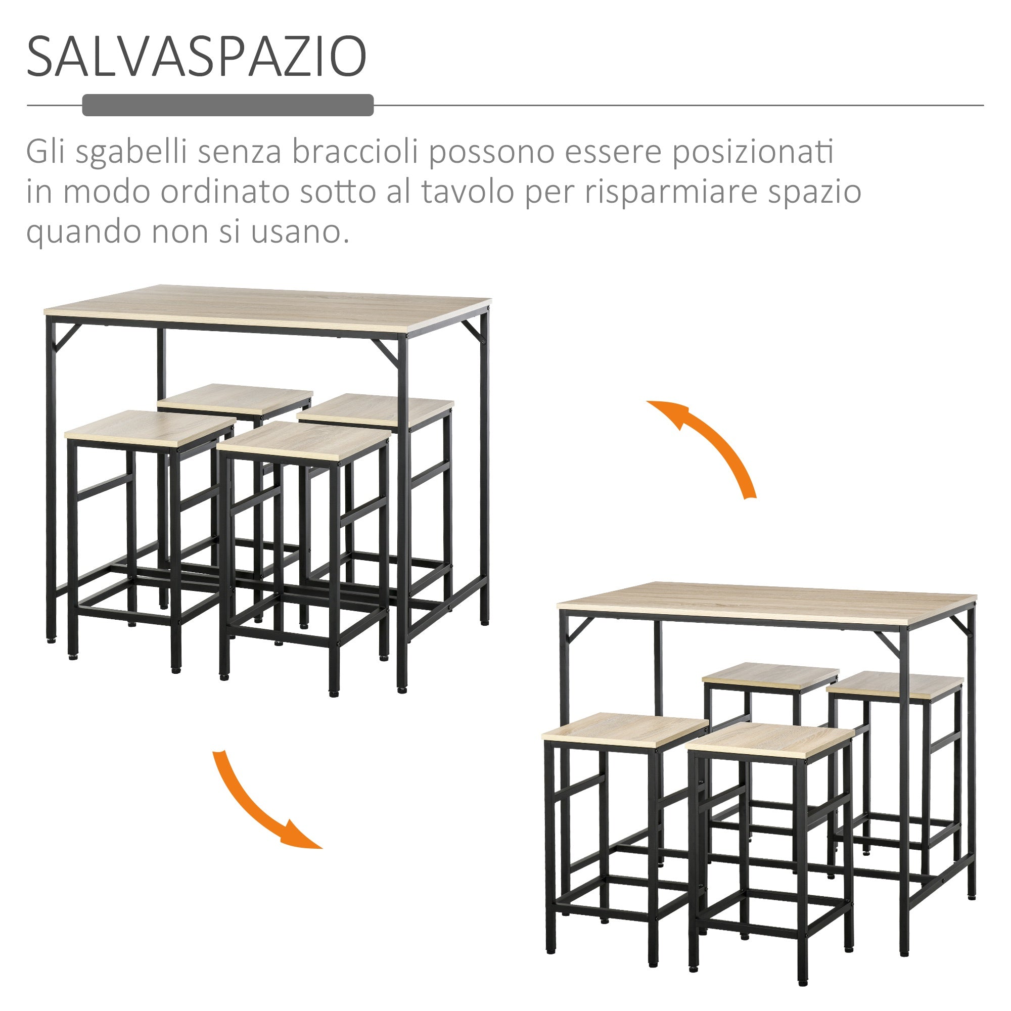 EASYCOMFORT Set Tavolo Alto con 4 Sgabelli Stile Industriale in Metallo e  Legno, Rovere Chiaro