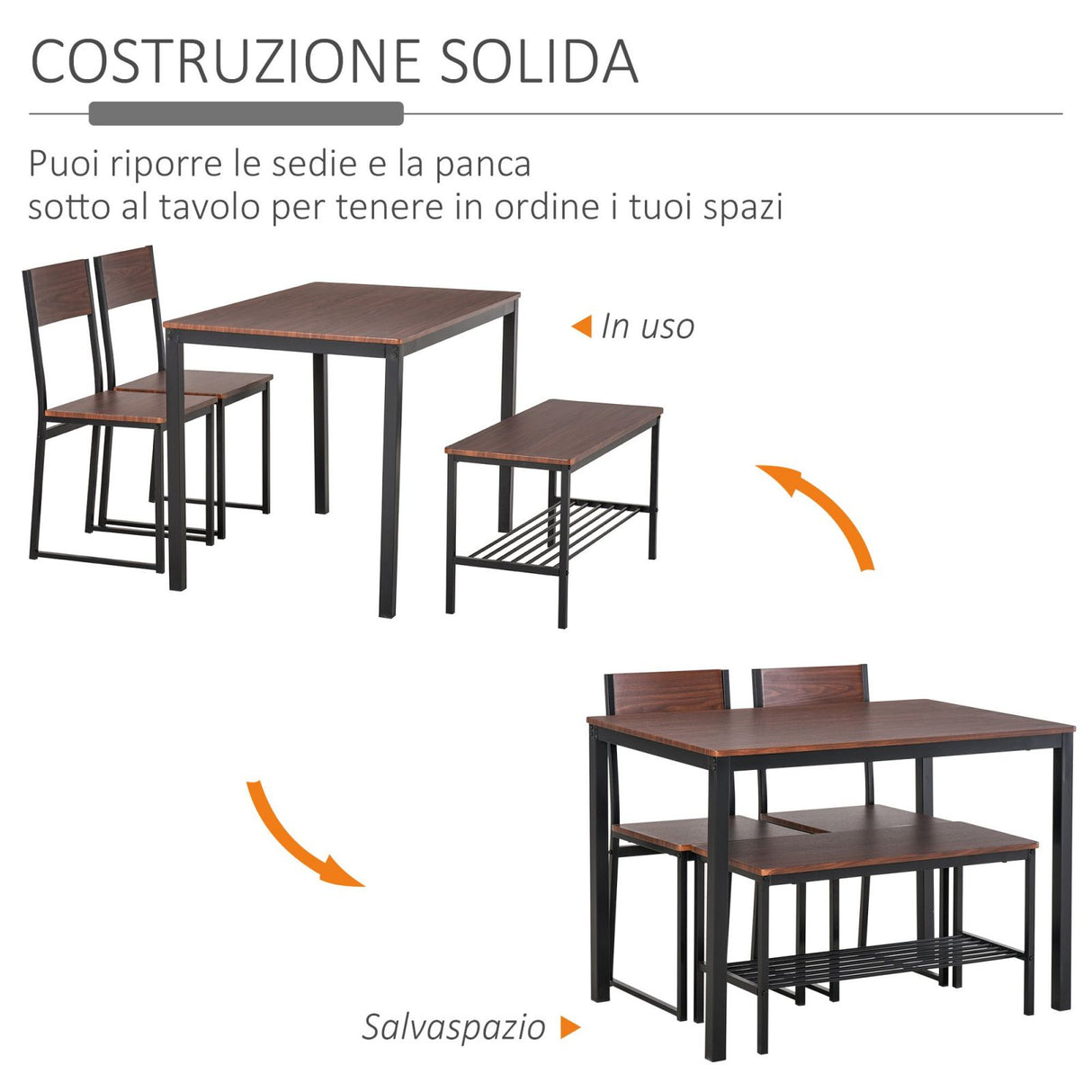 easycomfort easycomfort set tavolo con panca 2 posti e 2 sedie stile industriale in legno e metallo per soggiorno e cucina nero e marrone ean 8055776914534