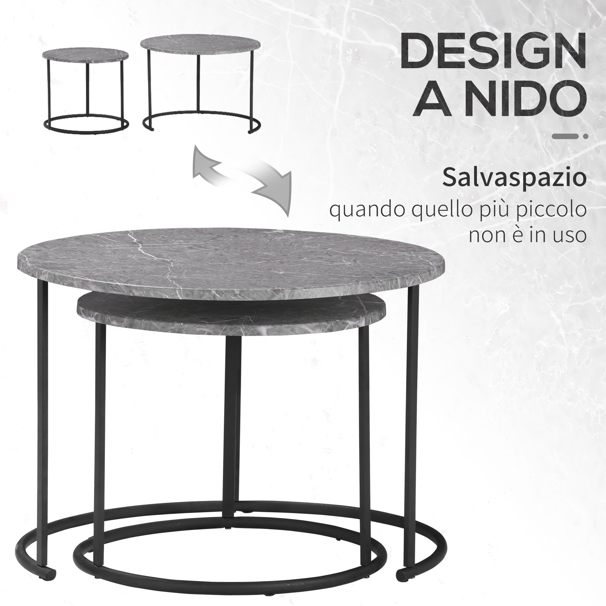 EASYCOMFORT Tavolini da Salotto, Set 2 Pezzi con Piano Effetto Marmo in  Metallo, Nero