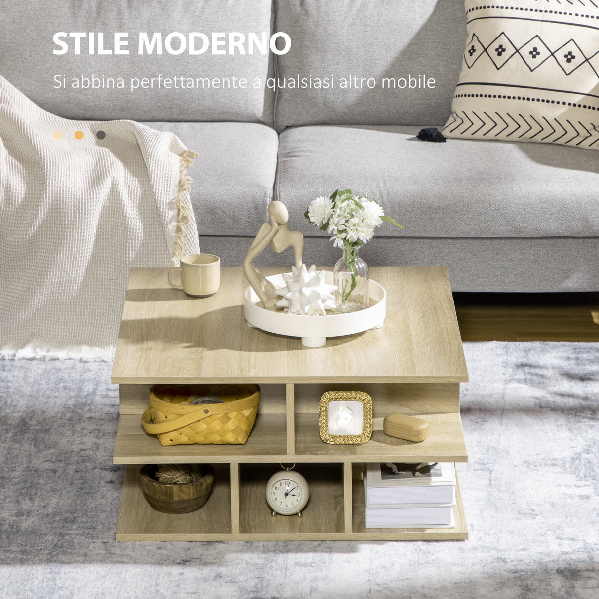 easycomfort easycomfort tavolino basso da salotto a 2 livelli in truciolato con ripiani aperti 70x70x36 5 cm color legno