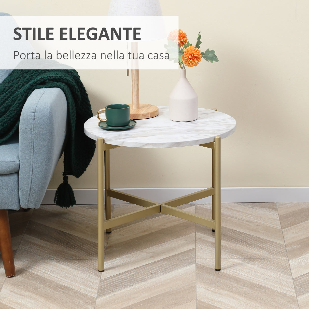 easycomfort easycomfort tavolino da caffe con piano dappoggio effetto marmo e struttura in metallo dorato 55x45cm bianco
