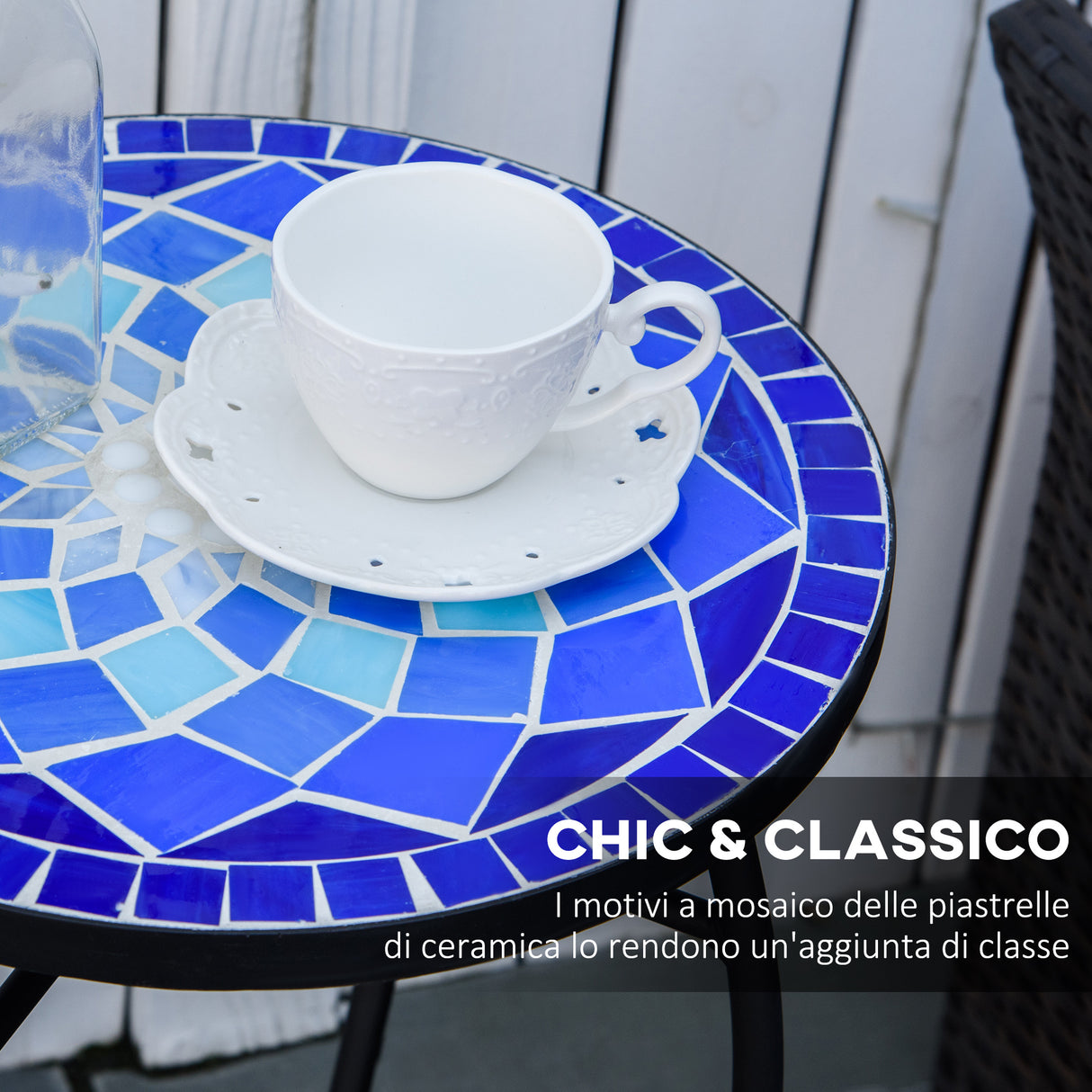 easycomfort easycomfort tavolino da giardino rotondo a mosaico in metallo con piano in ceramica 35 5x53 5cm