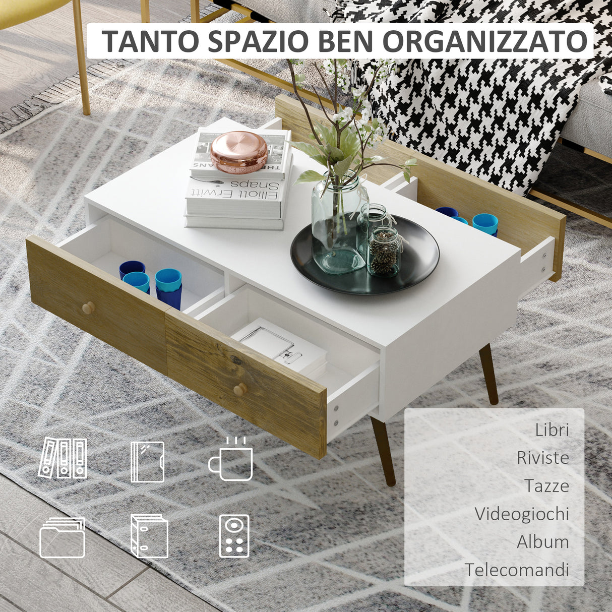 easycomfort easycomfort tavolino da salotto in stile nordico con 4 cassetti 100x53 3x45cm bianco e color legno