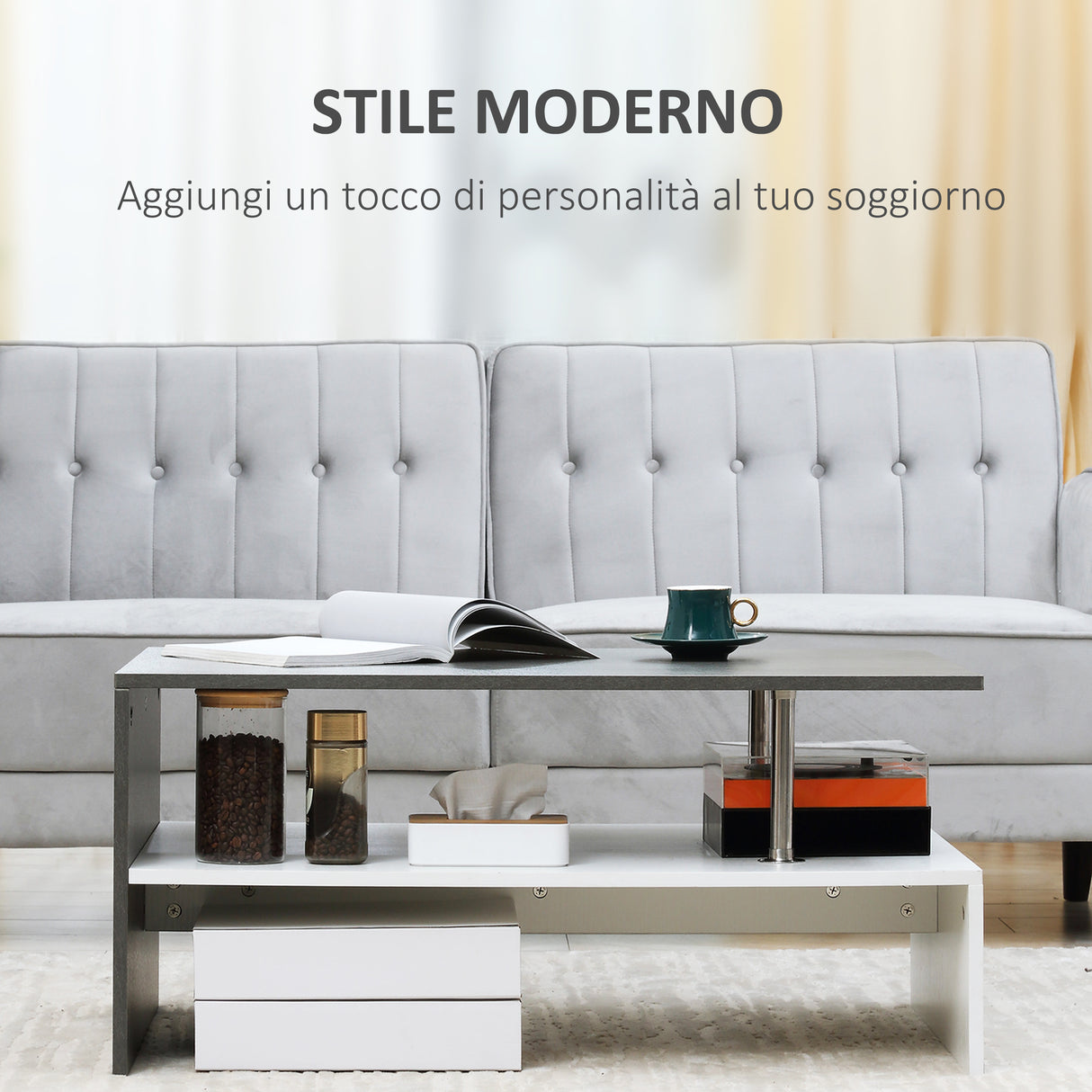 easycomfort easycomfort tavolino da salotto moderno a 2 livelli in truciolato e acciaio inox 90x60x42 cm bianco e cemento