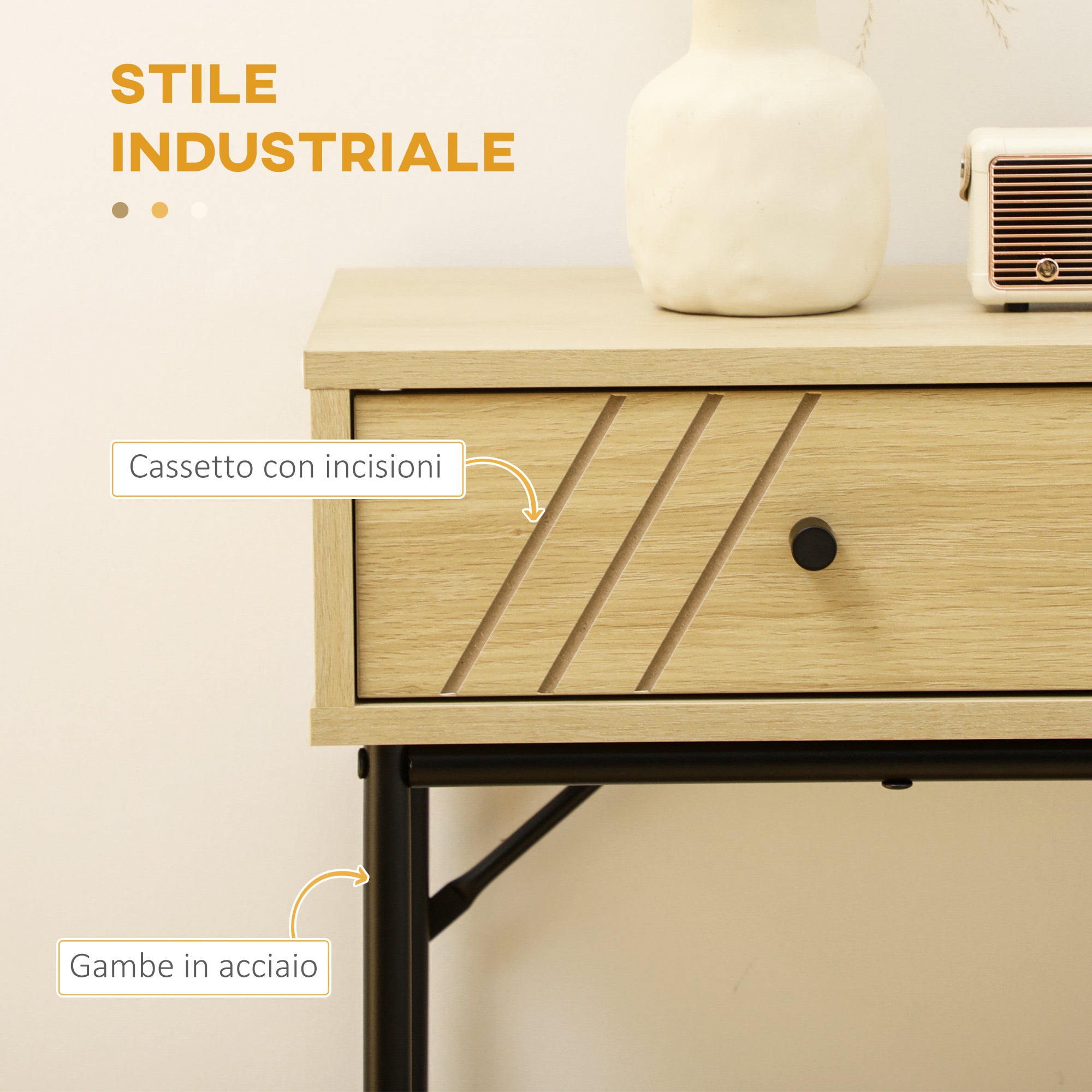 EASYCOMFORT Tavolo Consolle in Legno e Metallo Stile Industriale con 2  Cassetti, 110x29.5x78cm Naturale