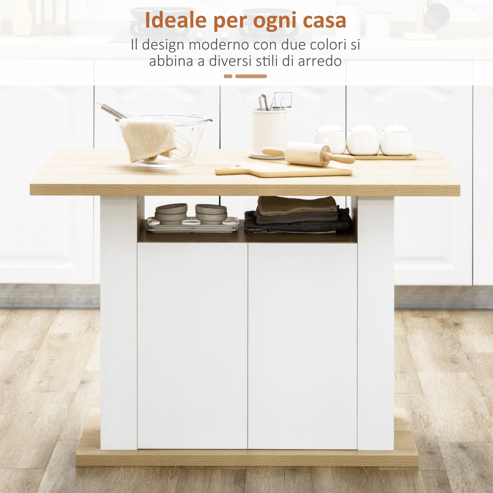 EASYCOMFORT Tavolo da Cucina per 4-6 Persone con Armadietti a 2 Ante,  110x70x75.5cm, Bianco e Legno