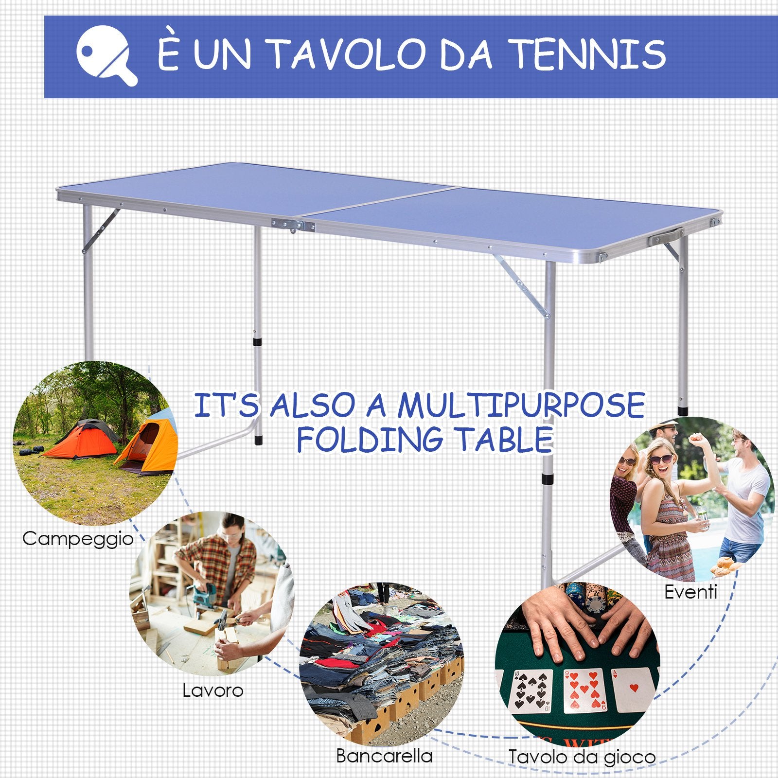 EASYCOMFORT Tavolo Pieghevole Multifunzione da Campeggio con Rete da Ping  Pong, Altezza Regolabile e Leggero, Blu (160x80x54/62/70cm)