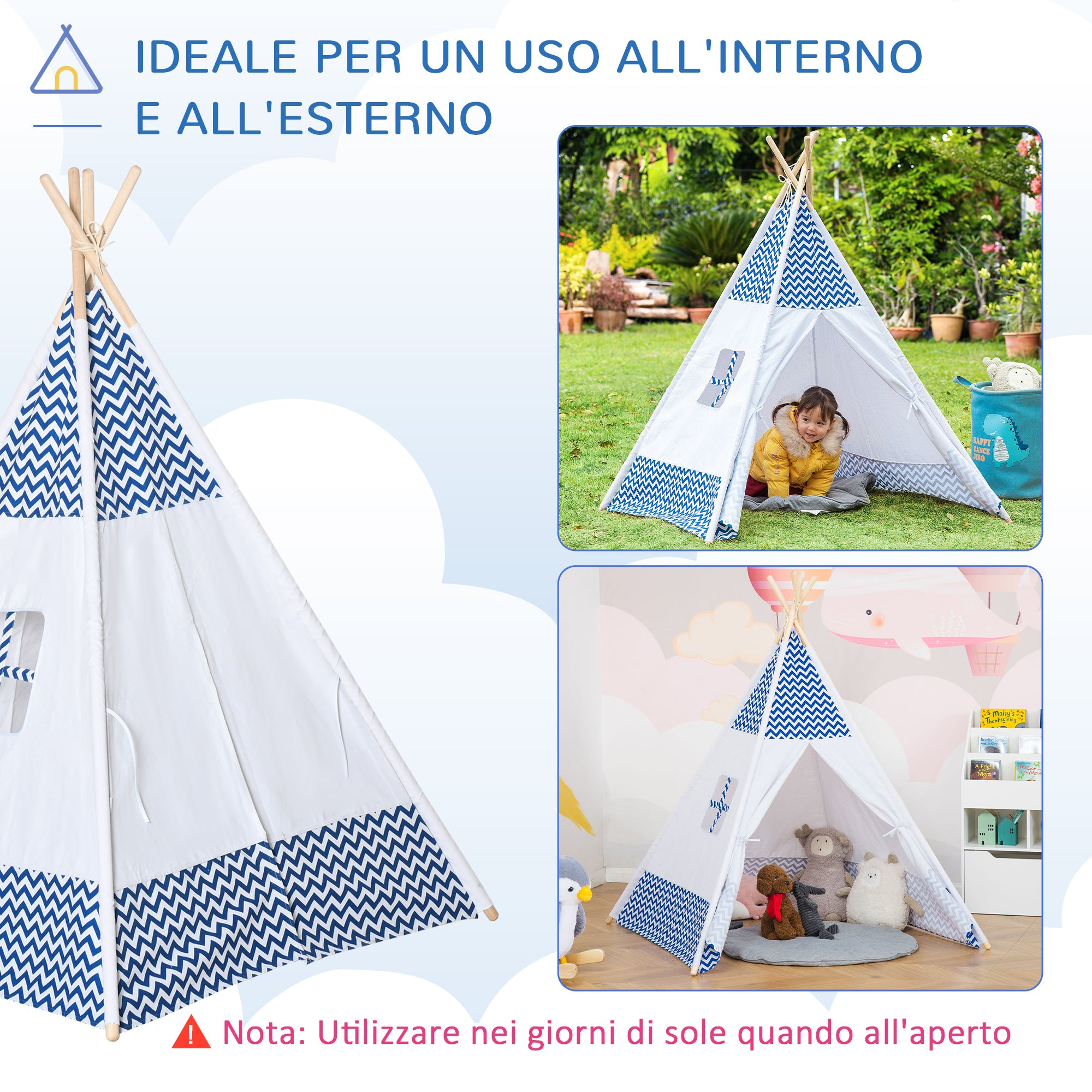 EASYCOMFORT Tenda Indiana per Bambini Teepee in Tessuto e Legno con  Finestra, Età 3-6 Anni, 120x120x155cm, Bianco e Blu