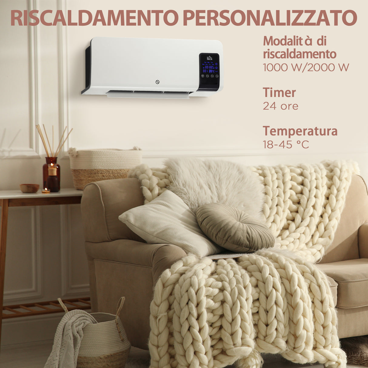 easycomfort easycomfort termoventilatore da parete oscillatorio con timer 12h e 2 modalita di riscaldamento 54 5x12x21 5 cm bianco