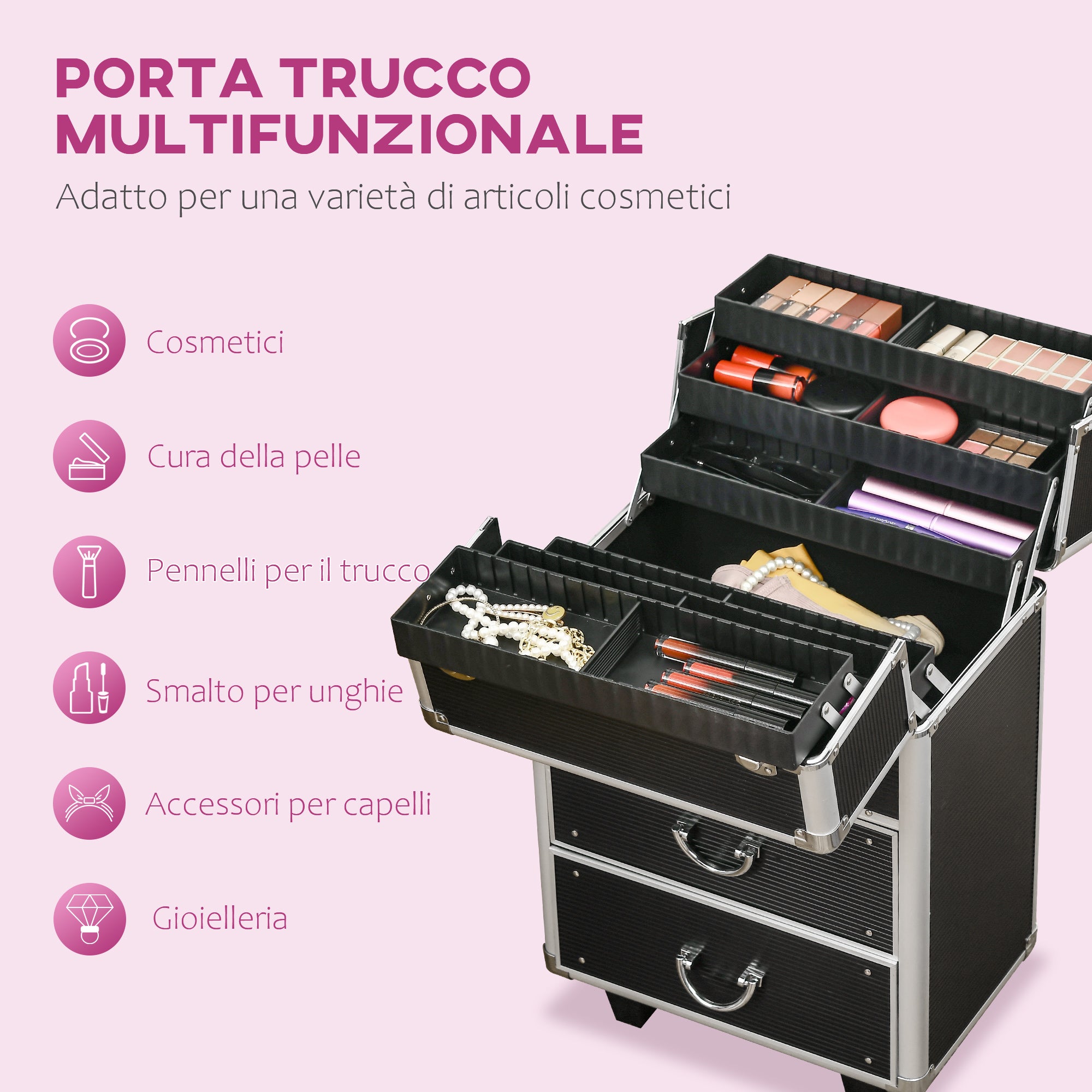 EASYCOMFORT Trolley Valigetta Porta Trucchi Professionale, Blocco con 2  Chiavi e Ruote, Nero 36x23x52cm