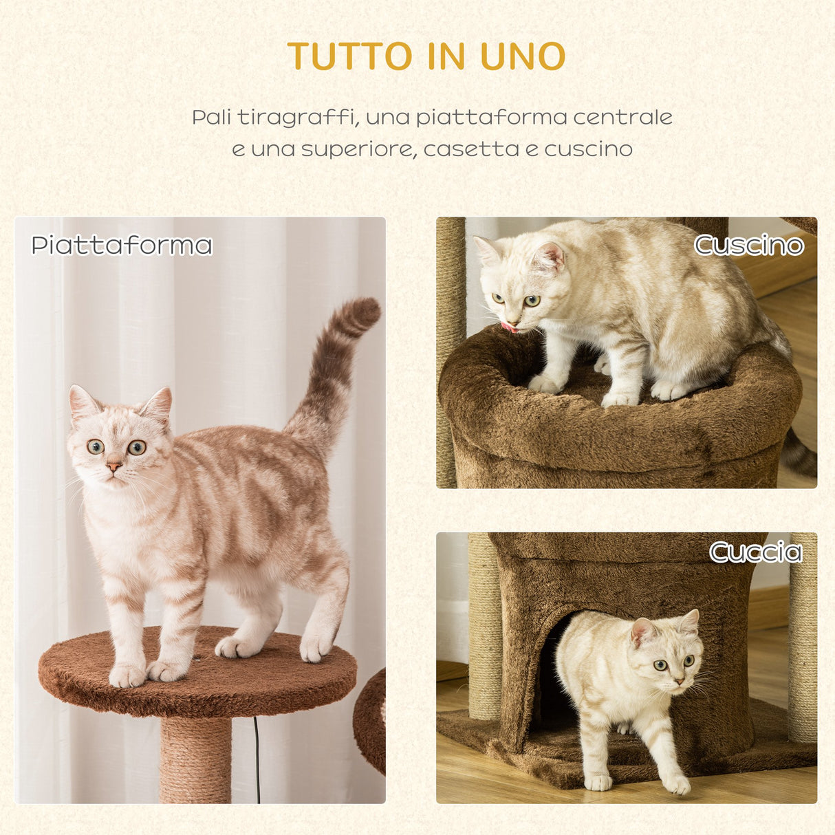 easycomfort easycomfort albero tiragraffi per gatti con pali in corda sisal casetta e cuscino rivestimento in peluche altezza 87cm caffe