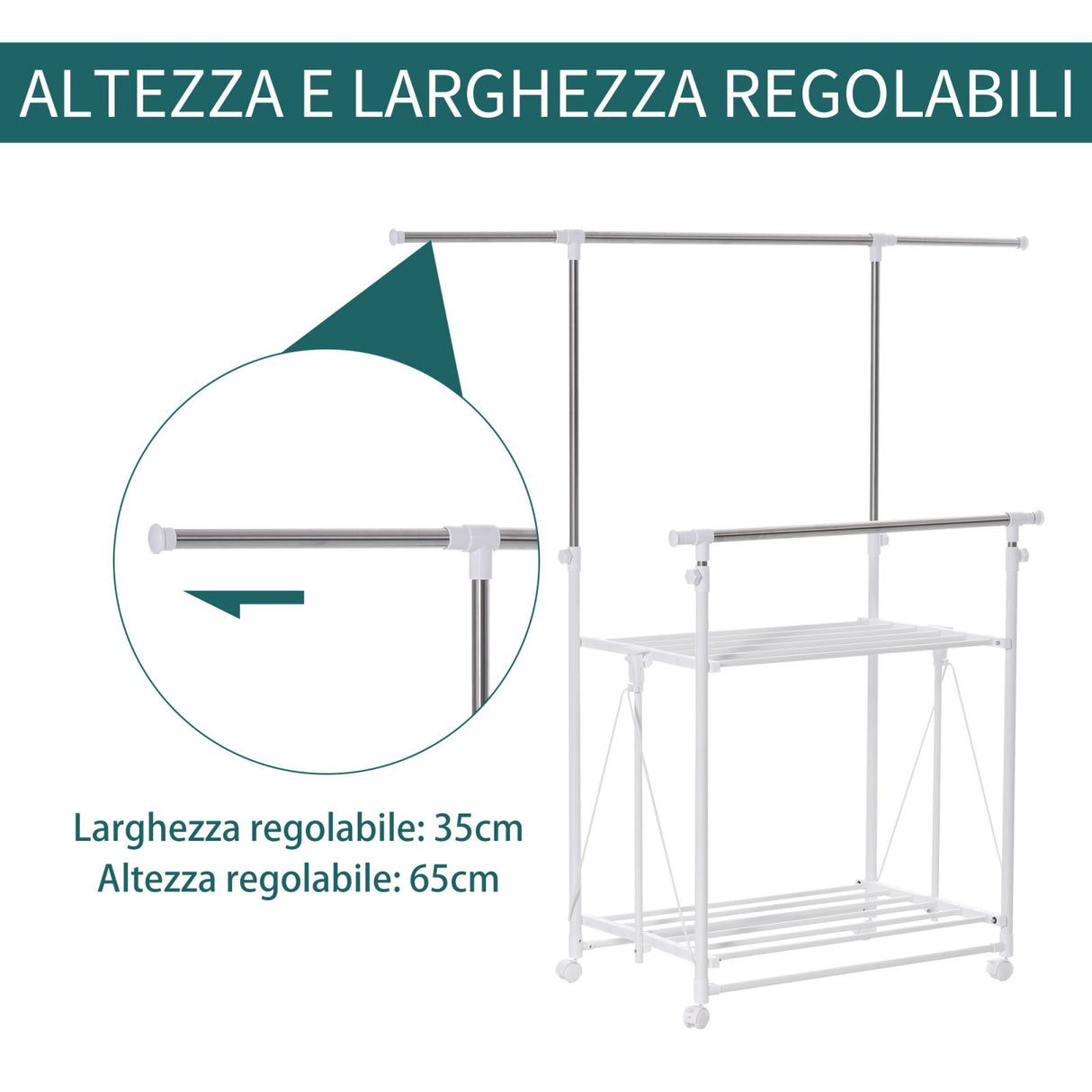 easycomfort easycomfort appendiabiti estensibile 2 ripiani altezza regolabile e ruote 88 157x50x95 160cm bianco