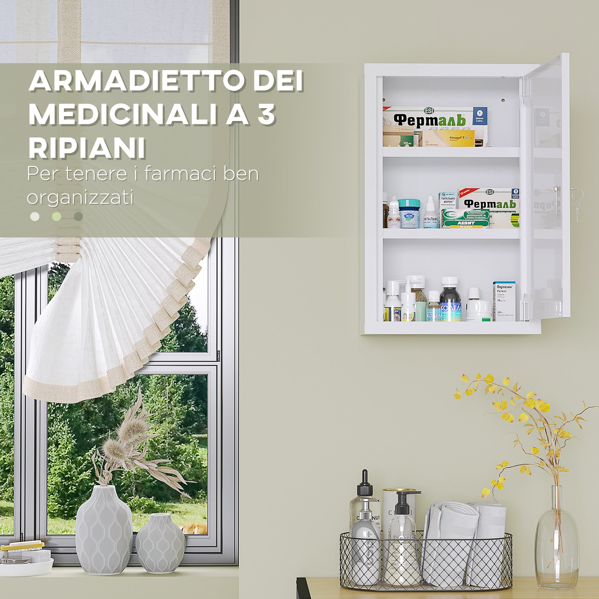 Nova Deco Armadietto per Medicinali con Serratura in Legno e Vetro Bianco -  339ek834