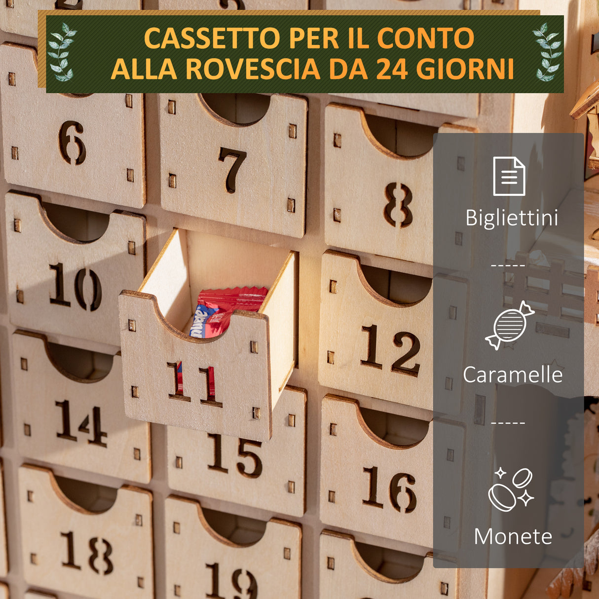 easycomfort easycomfort calendario avvento di natale rettangolare con motivi a tema e 12 luci a led 22x9x30 cm in compensato arancione