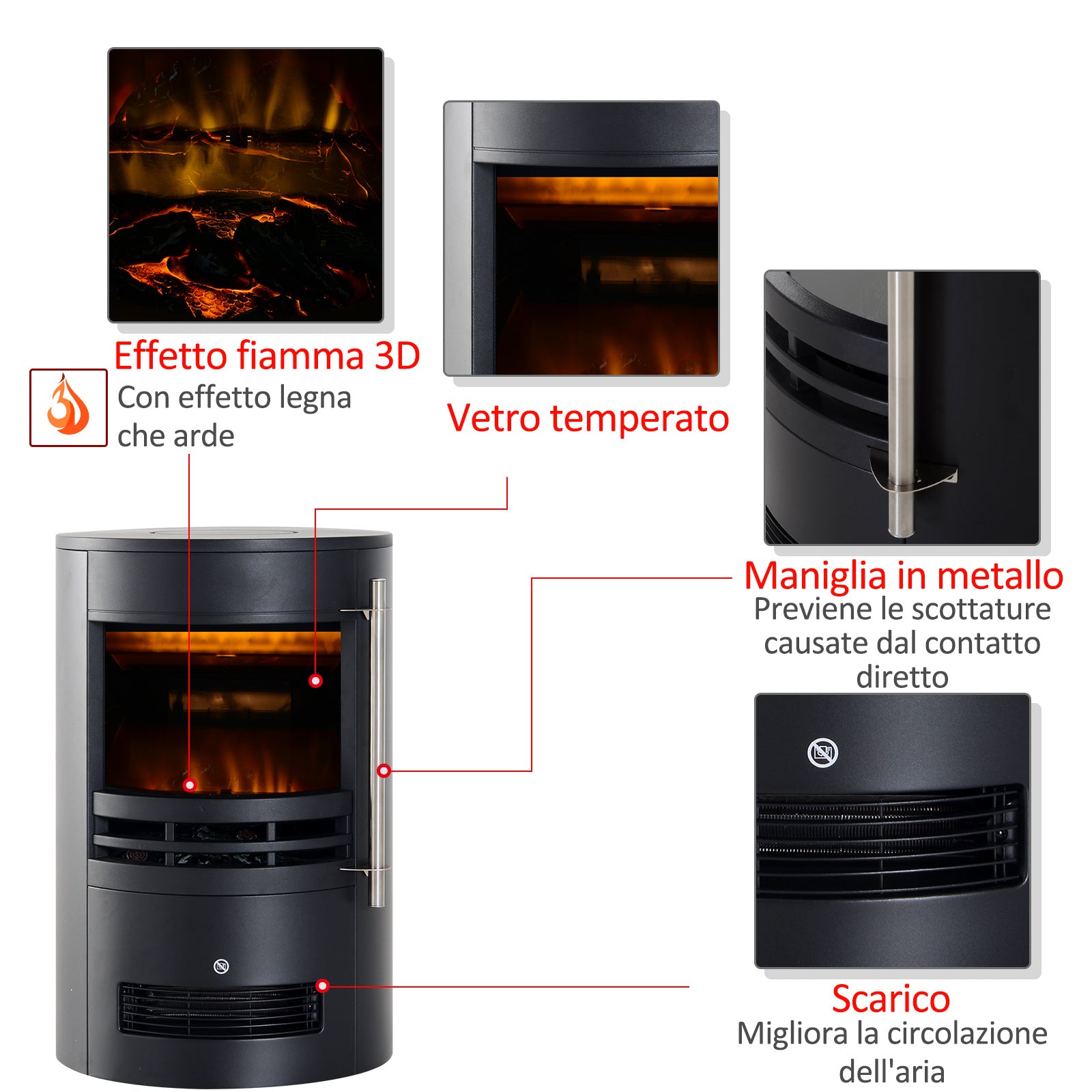 Caminetto elettrico da terra riscaldamento effetto fuoco realistico 2000W  bianco o nero Nero