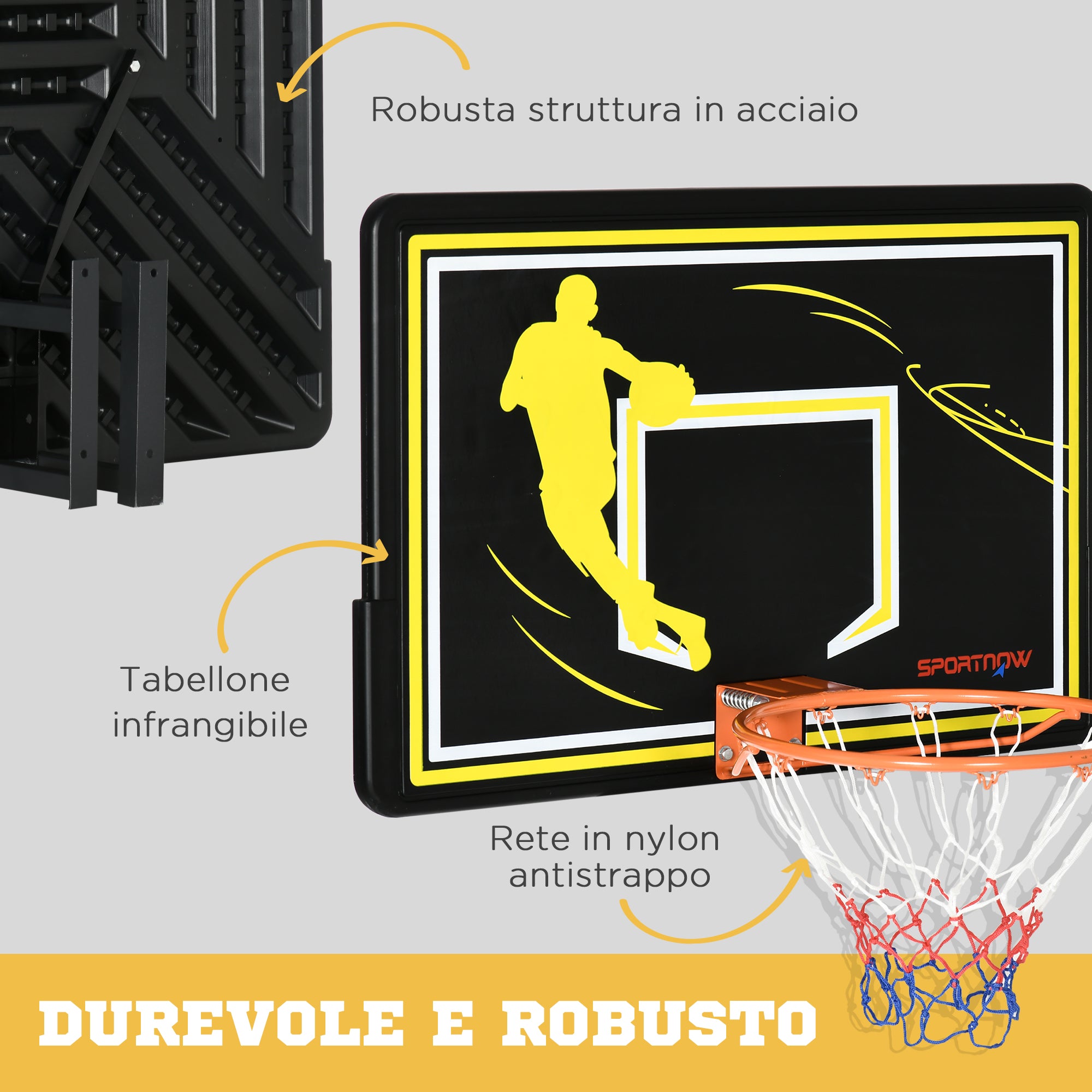 EASYCOMFORT Canestro Basket per Bambini e Adulti da Indoor e Outdoor in Acciaio  e PE, 110x90x70 cm, Nero e Giallo