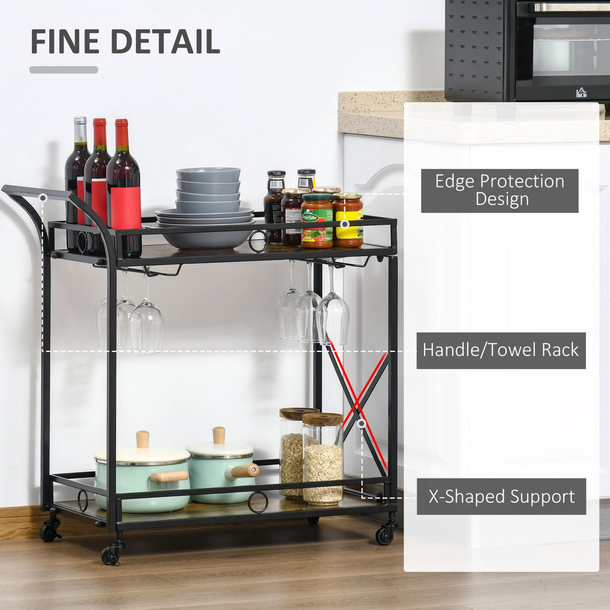 easycomfort easycomfort carrello da cucina 2 ripiani in stile industriale 4 ruote girevoli e maniglia 79 5x38x80cm marrone rustico