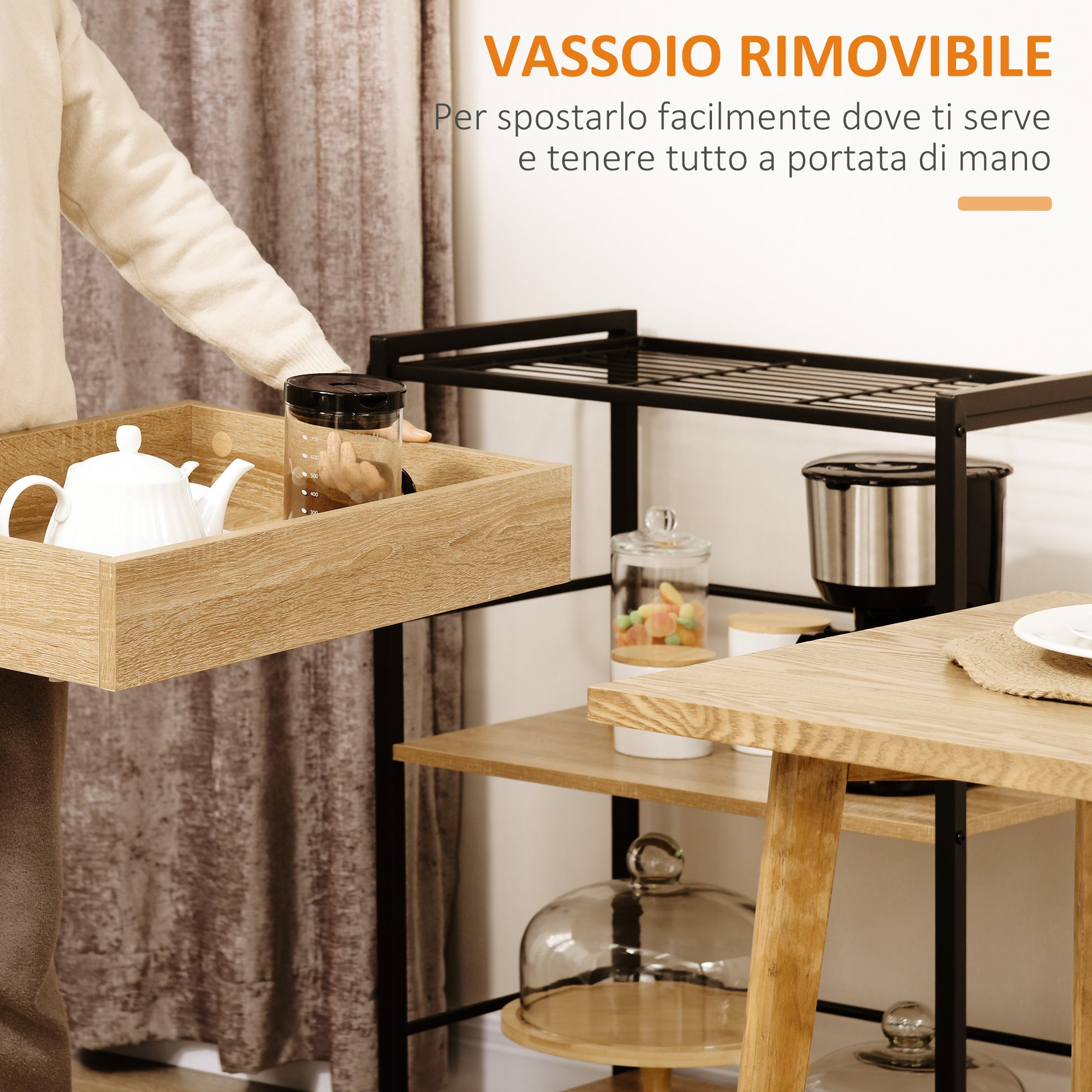 EASYCOMFORT Carrello da Cucina a 3 Ripiani con Vassoio Rimovibile e Ruote  Girevoli, 72x40x94cm, Legno e Nero