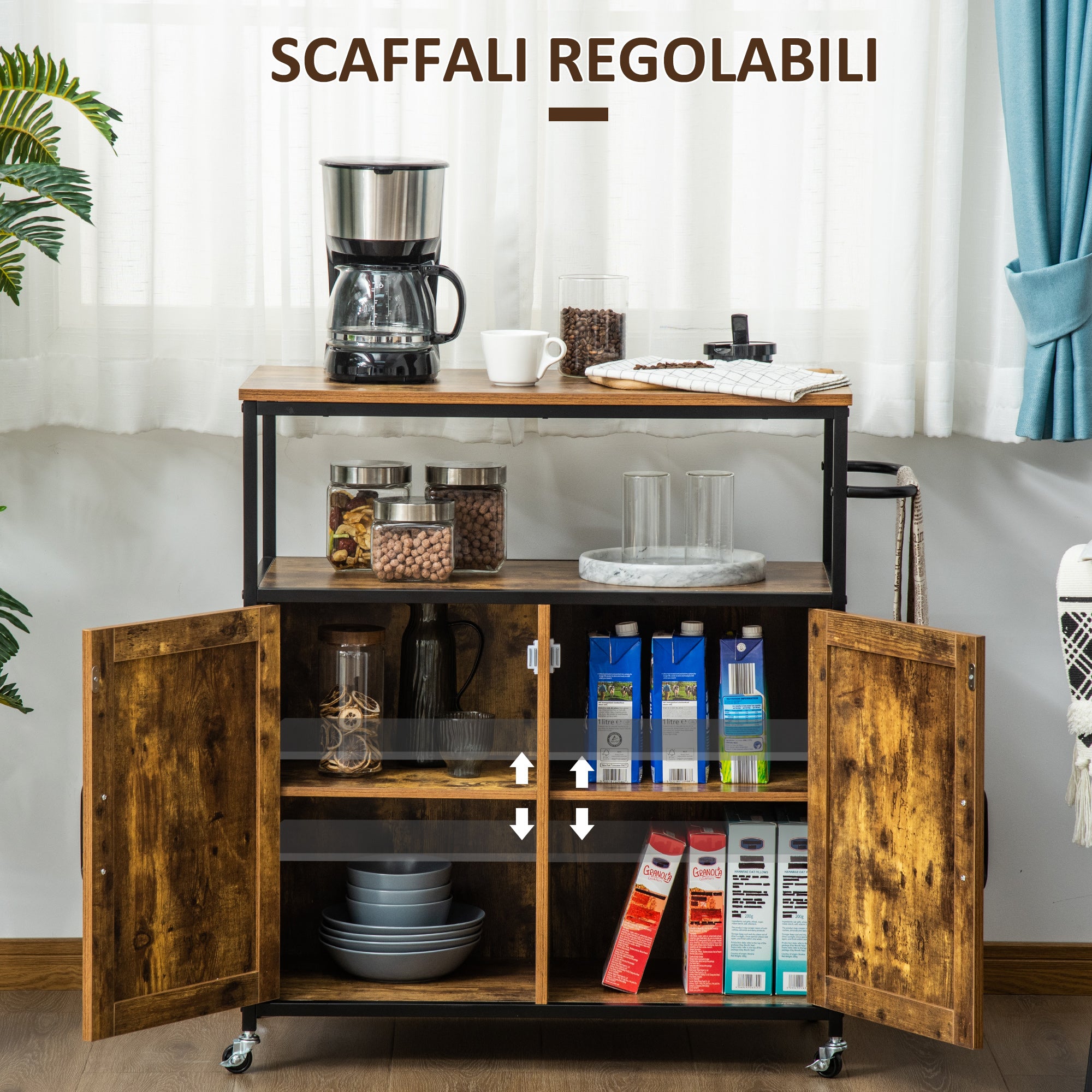 EASYCOMFORT Carrello da Cucina con Ripiano Aperto, Armadietto,  Portasciugamani e 4 Ruote, 90x40x90cm