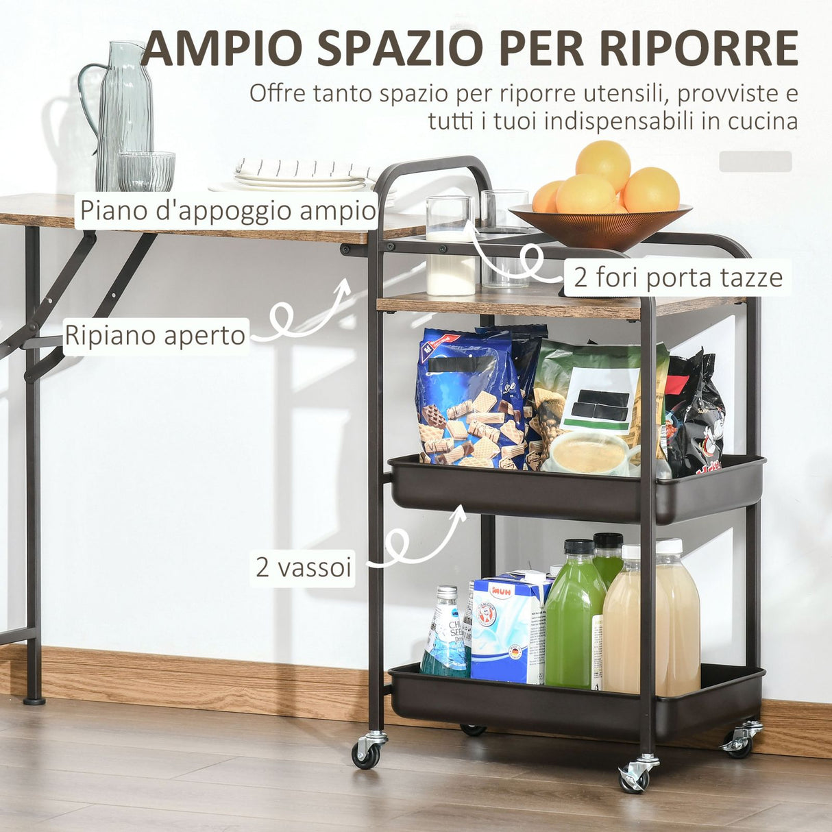 easycomfort easycomfort carrello da cucina con ripiano pieghevole e ruote marrone