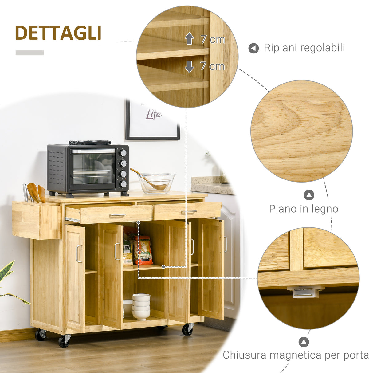 easycomfort easycomfort carrello da cucina in legno con cassetto armadietto e ruote 136x47x915cm