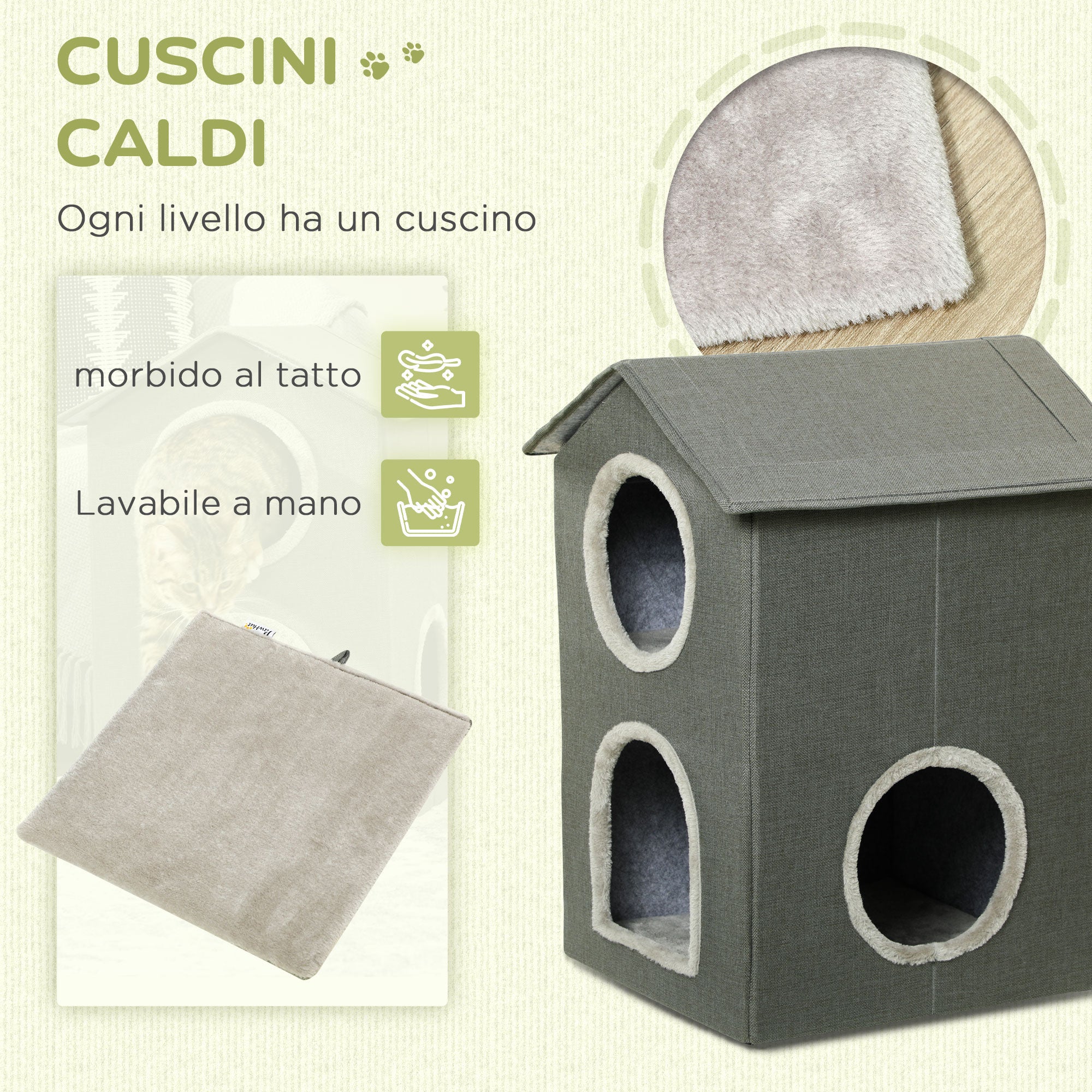 EASYCOMFORT Casetta per Gatti da Esterni con 2 Ingressi, 2 Gradini e 1  Balcone, Cuccia per Gatti in Legno d'Abete, 60x46x65 cm, Grigia