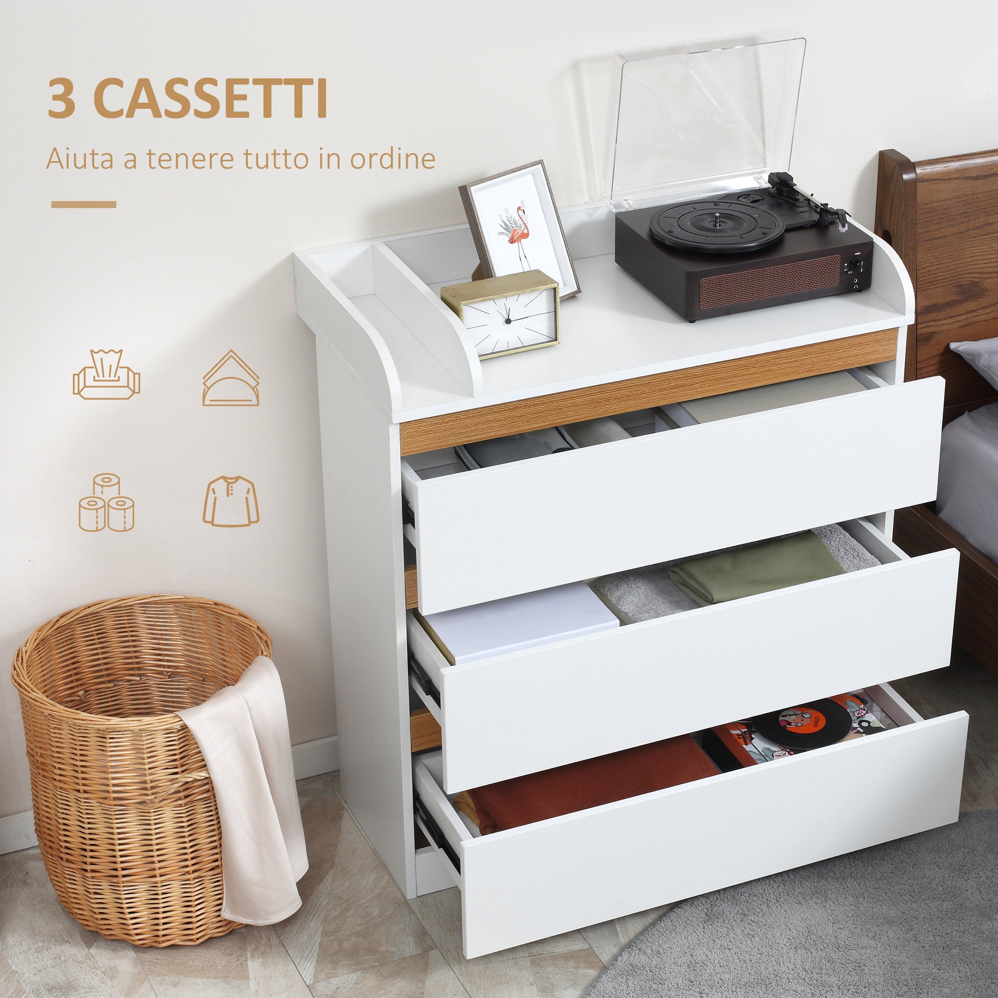 EASYCOMFORT Cassettiera 3 Cassetti in Legno MDF e Truciolato per Camera da  Letto e Soggiorno, 80x40x86 cm, Bianco