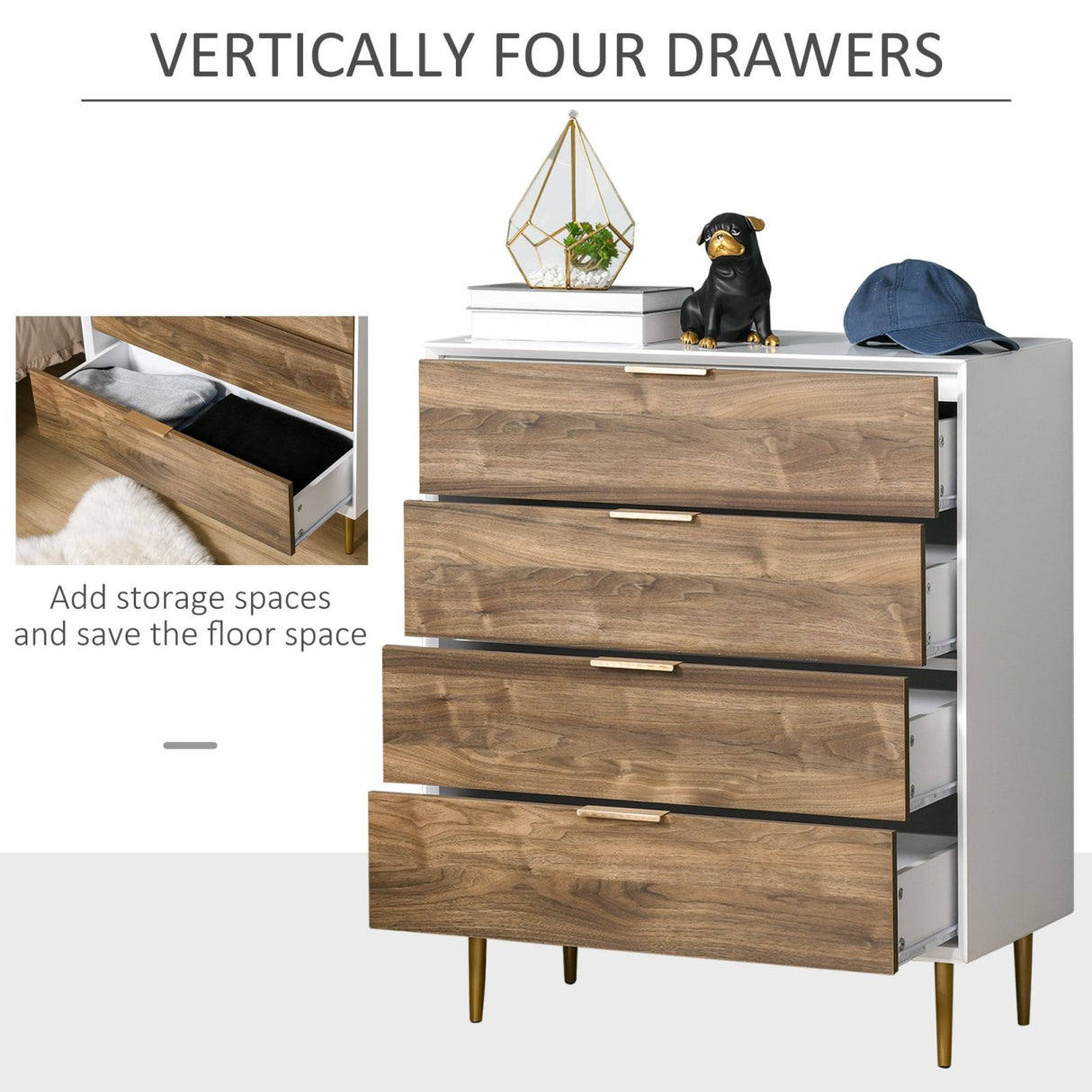 easycomfort easycomfort cassettiera 4 cassetti con maniglie e piedini dorati in legno bianco e noce