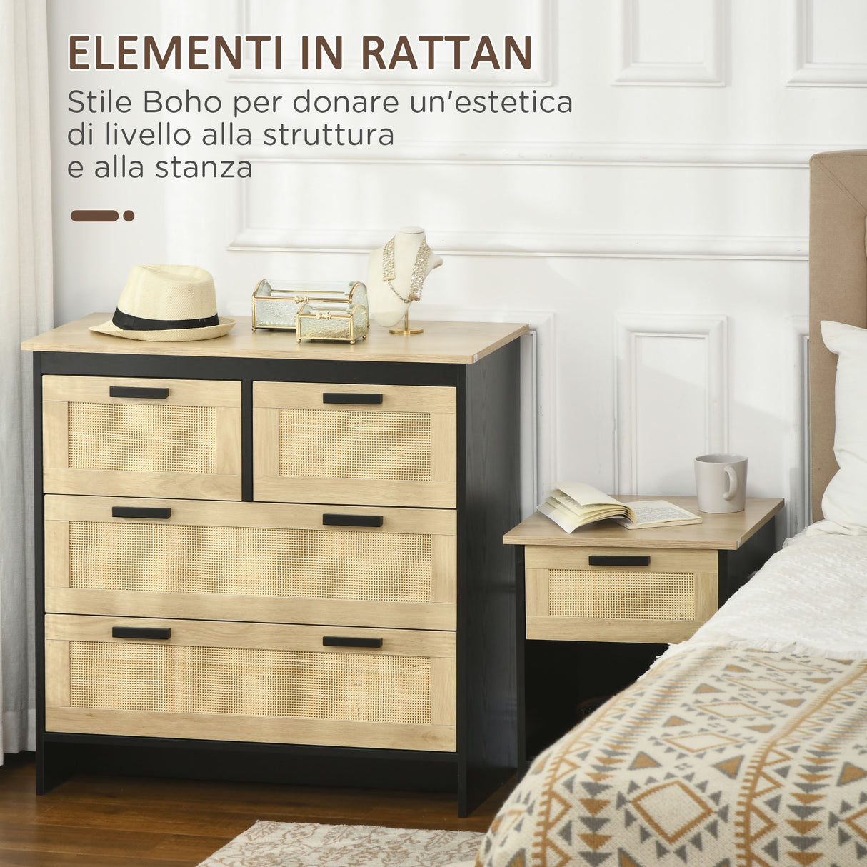 easycomfort easycomfort cassettiera 4 cassetti in truciolato e rattan per soggiorno e camera da letto 80x38x80 cm nero e color legno