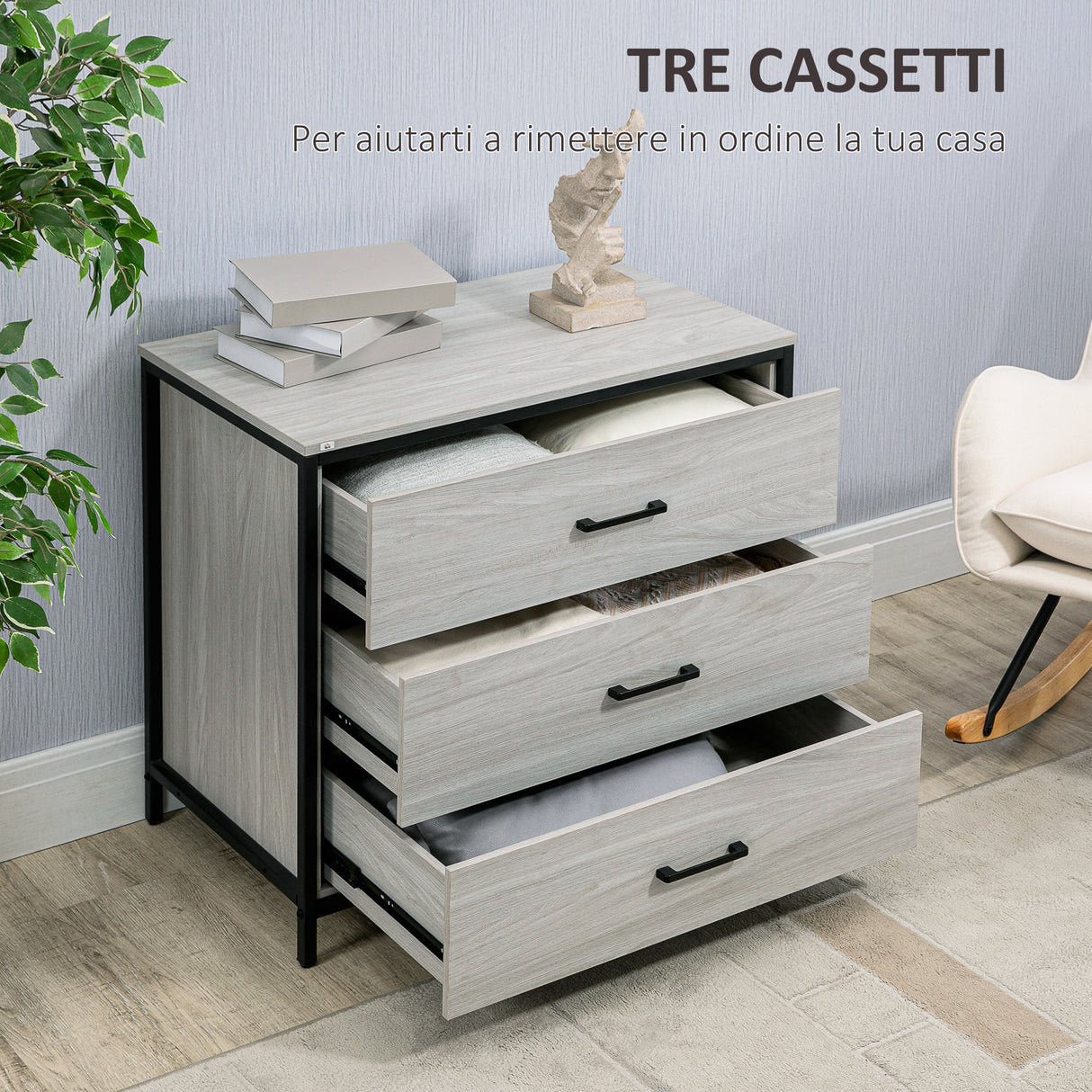 easycomfort easycomfort cassettiera con 3 cassetti in legno e acciaio per camera e soggiorno 80x48x78cm grigio chiaro