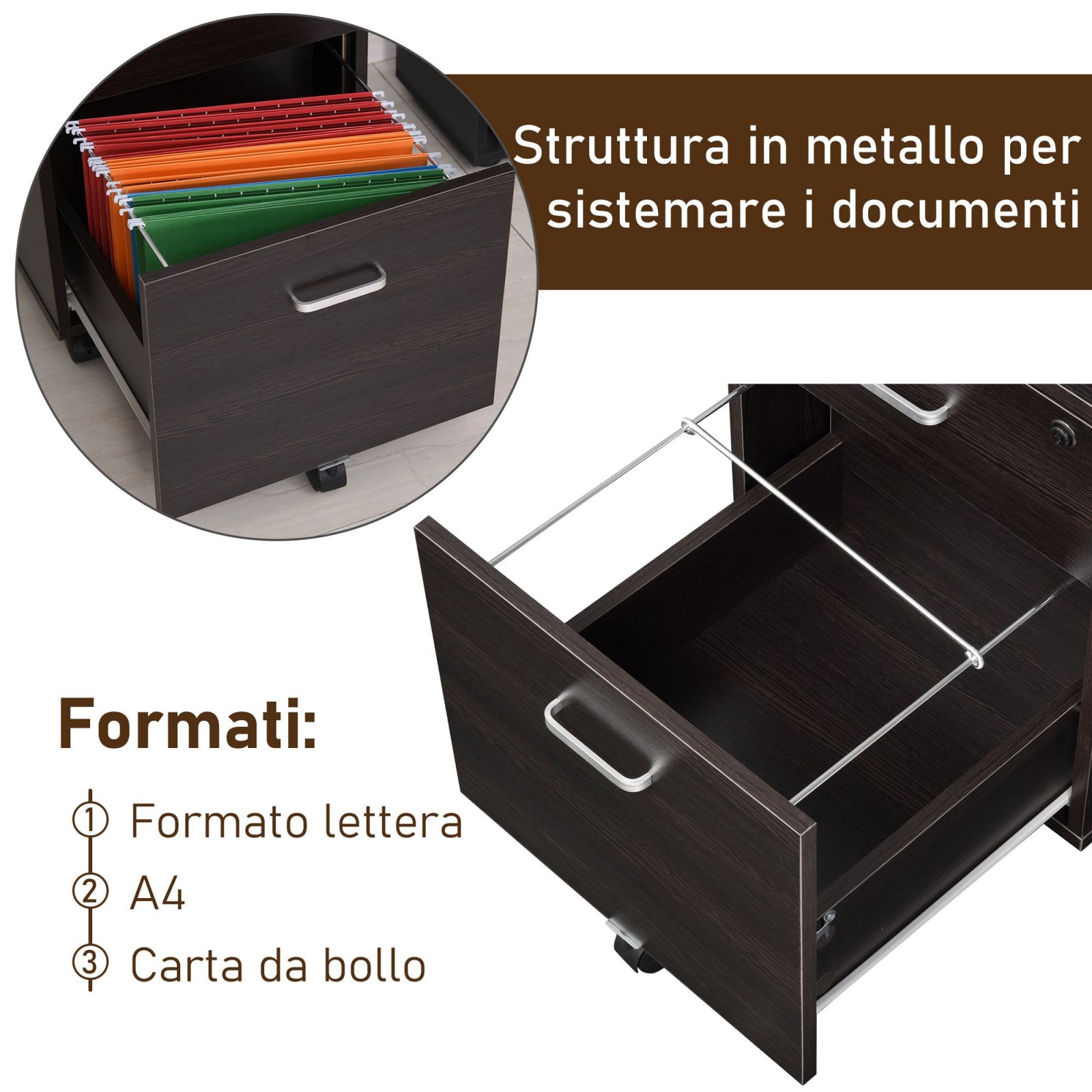 EASYCOMFORT Schedario da Ufficio Cassettiera Per Scrivania in Legno, 2  Cassetti, Serratura con 2 Chiavi, Nero, 40x45x55.6cm