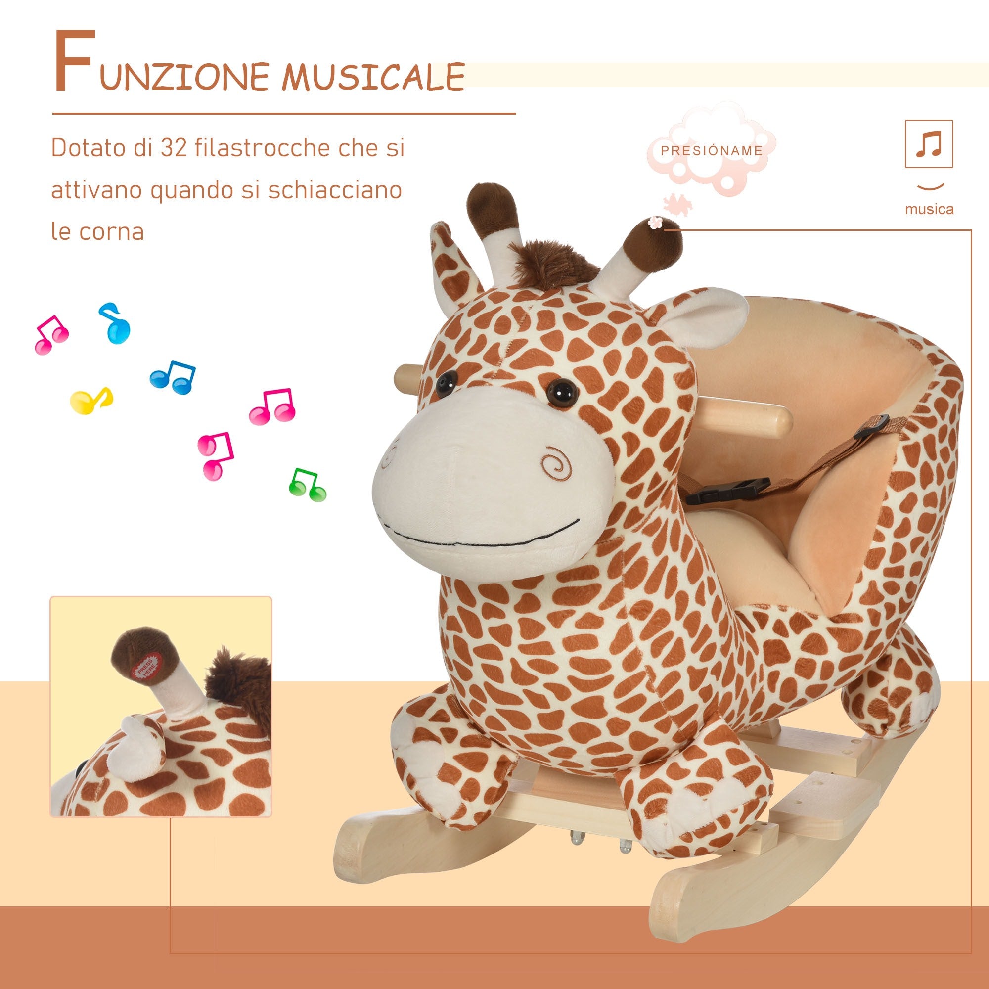 Homcom Cavallo a Dondolo per Bambini Morbido con Cintura di Sicurezza e  Musica in Legno 60 × 33 × 45cm