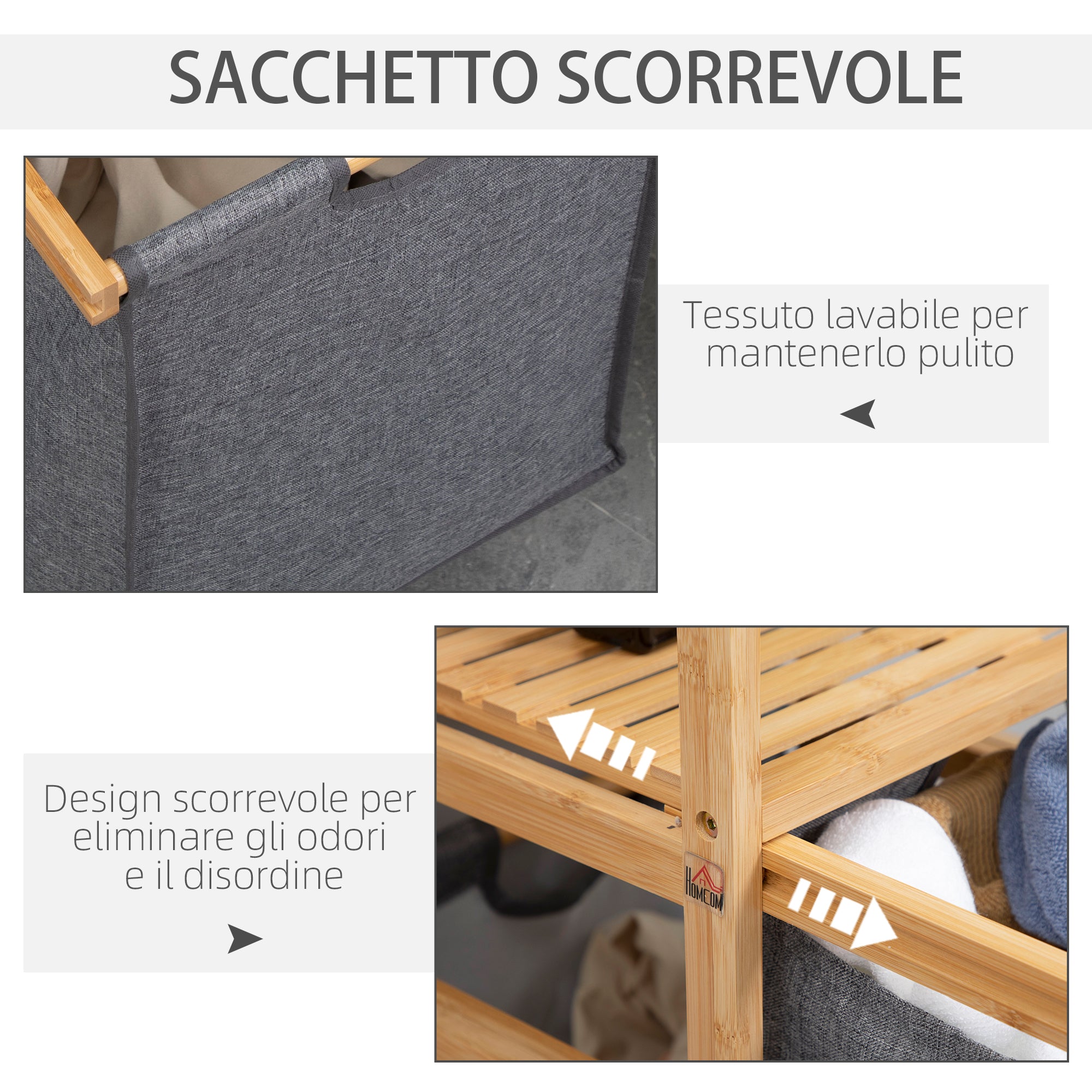 EASYCOMFORT Cesto Portabiancheria con 2 Scomparti e Ruote, Sacchi in  Tessuto e Struttura in Bambù, 42x35x84.5cm