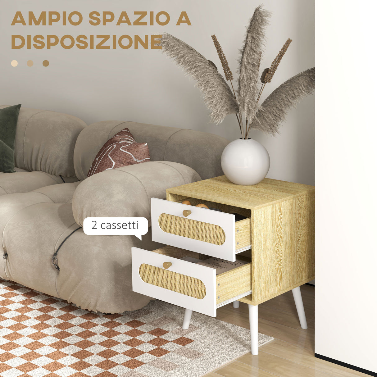 easycomfort easycomfort comodino con cassetti set 2 pezzi in truciolato e mdf in stile boho 40x40x55 cm rovere e bianco