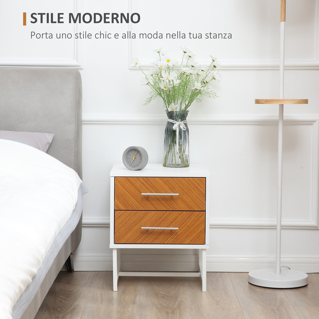 easycomfort easycomfort comodino moderno a 2 cassetti in metallo e legno 40x39x48cm marrone e bianco