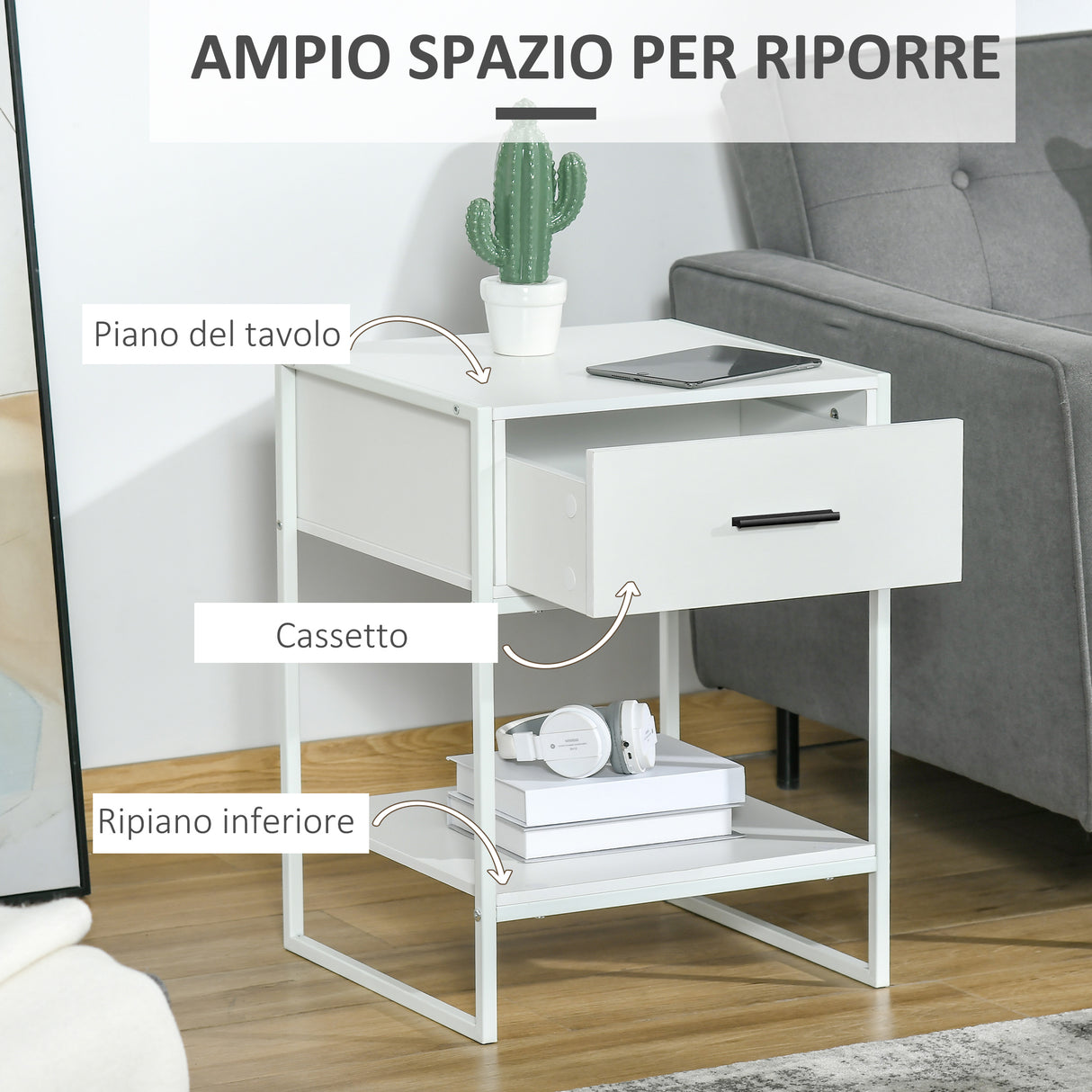 easycomfort easycomfort comodino moderno con cassetto e ripiano aperto comodino camera da letto piccolo in truciolato e acciaio 45x40x60cm bianco