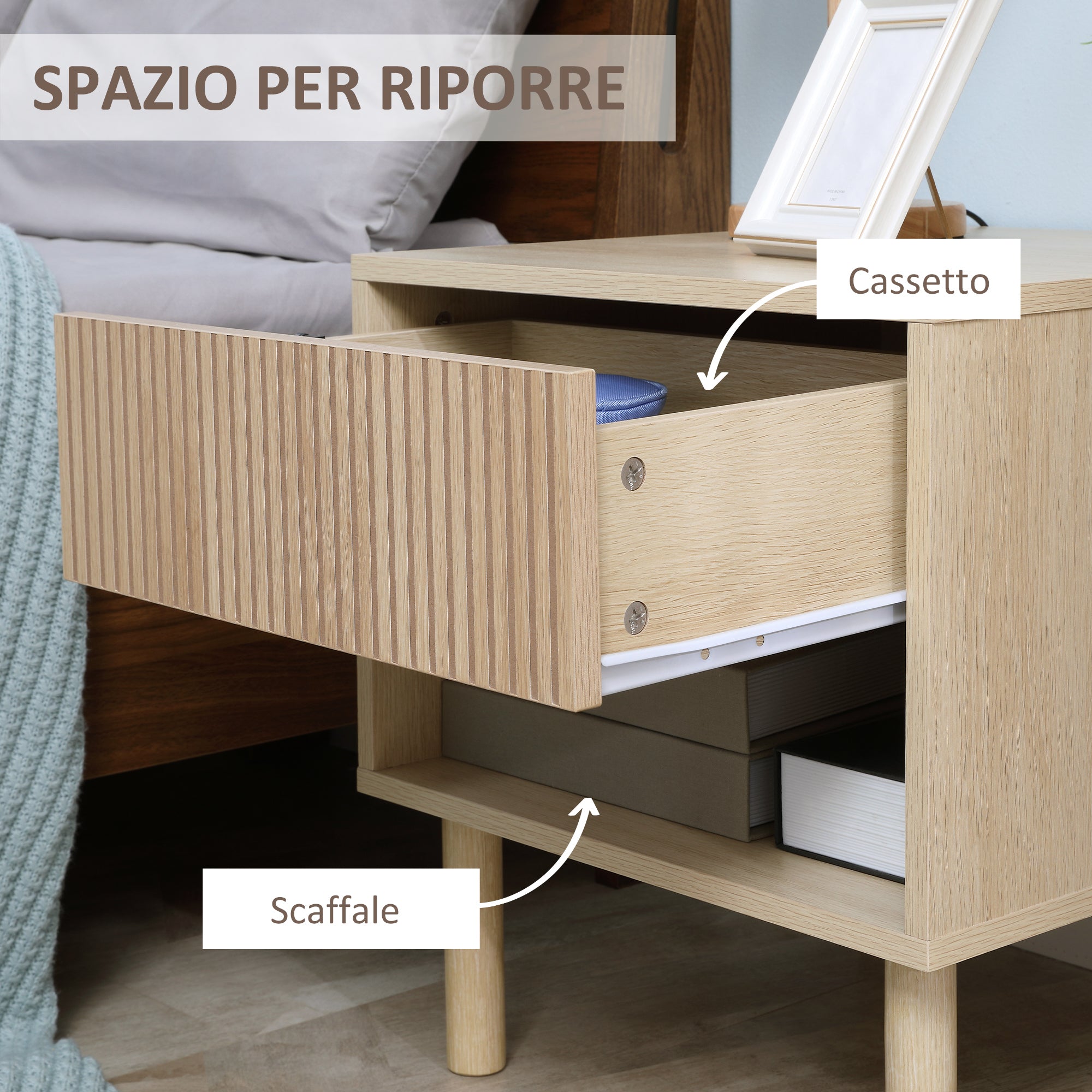 EASYCOMFORT Comodino Moderno con Cassetto e Ripiano Aperto in Truciolato,  47x47x50 cm, Color Legno