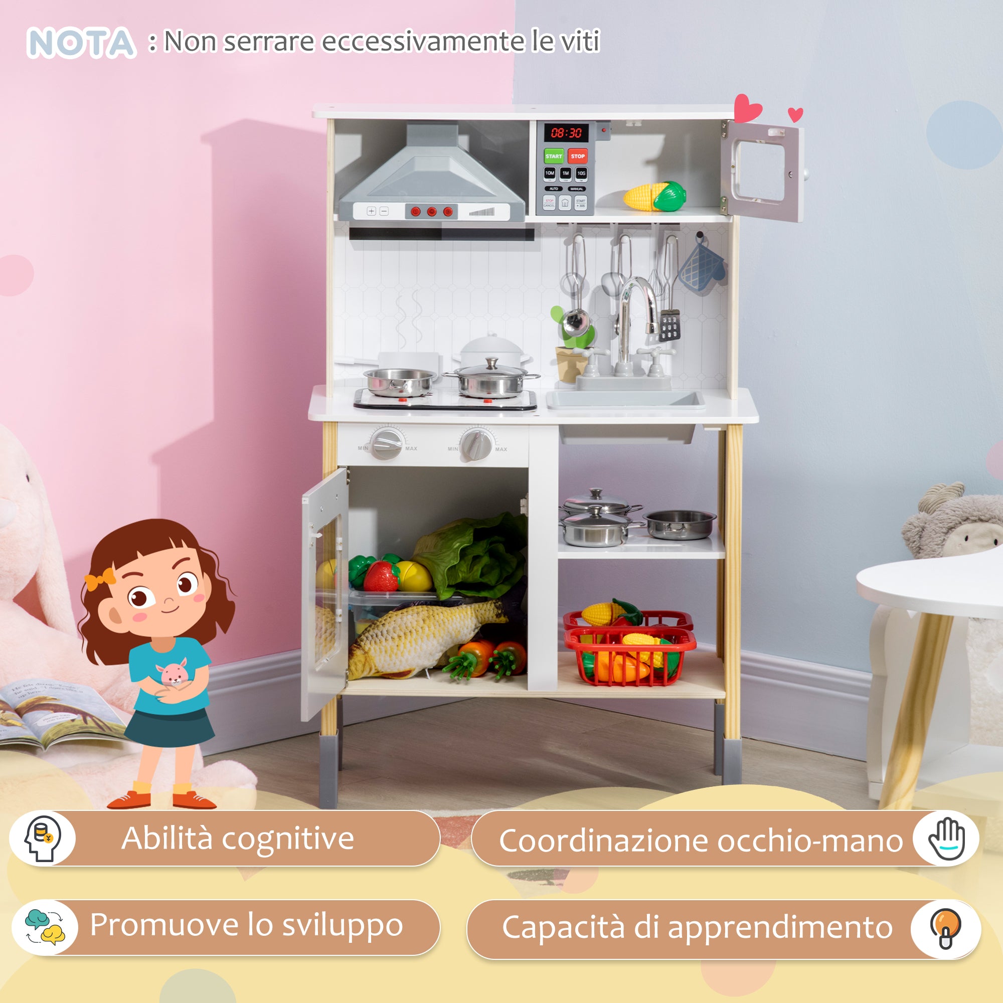 EASYCOMFORT Cucina Giocattolo per Bambini con Altezza Regolabile, Suoni,  Luci e Utensili, in MDF e PP, 60x30.5x93.2 cm