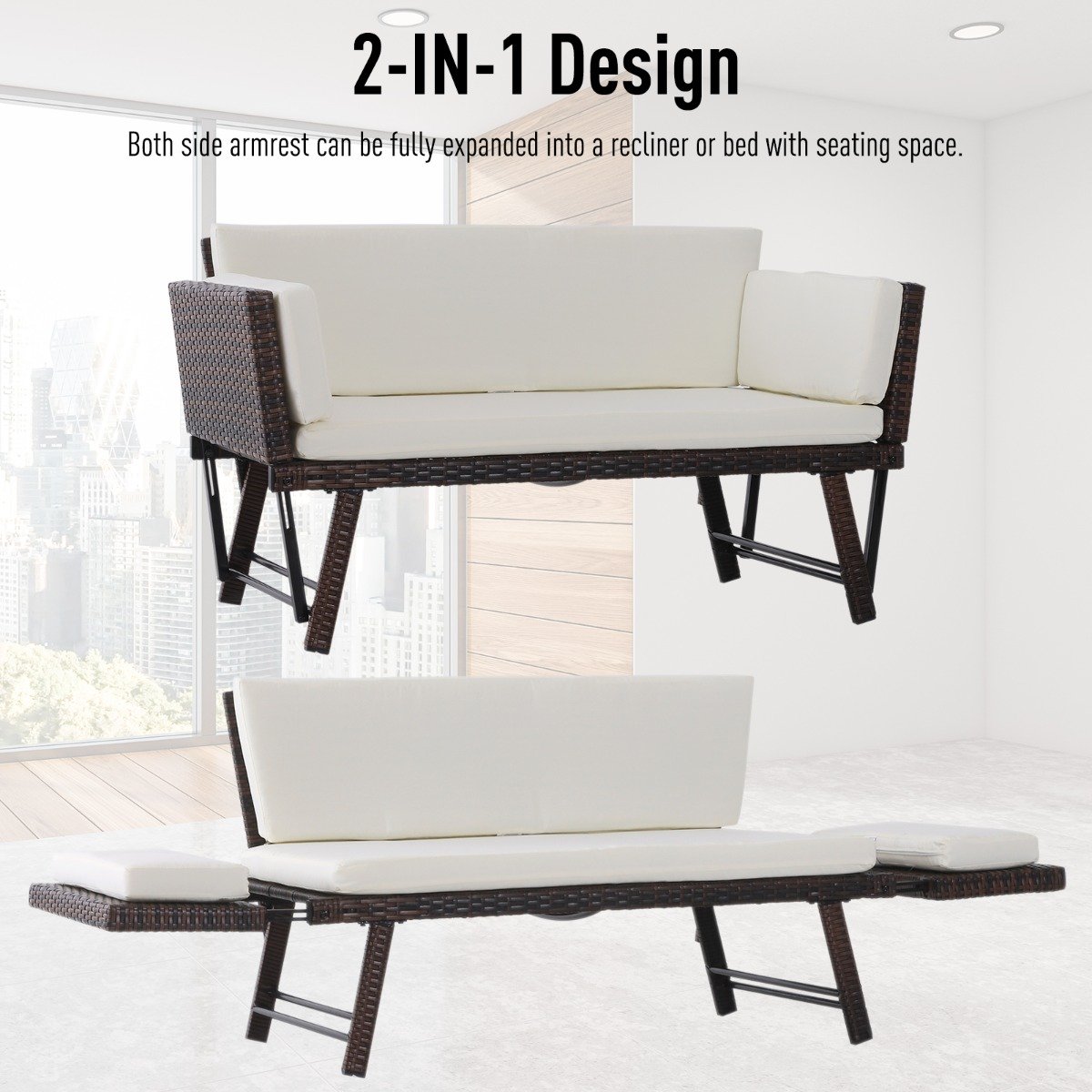 easycomfort easycomfort divano da giardino 2 posti trasformabile in lettino in pe rattan bianco 129x66x67cm ean 8054144135274