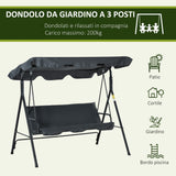 easycomfort easycomfort dondolo da giardino 3 posti con tettuccio parasole regolabile e cuscini 172lx120x153cm grigio