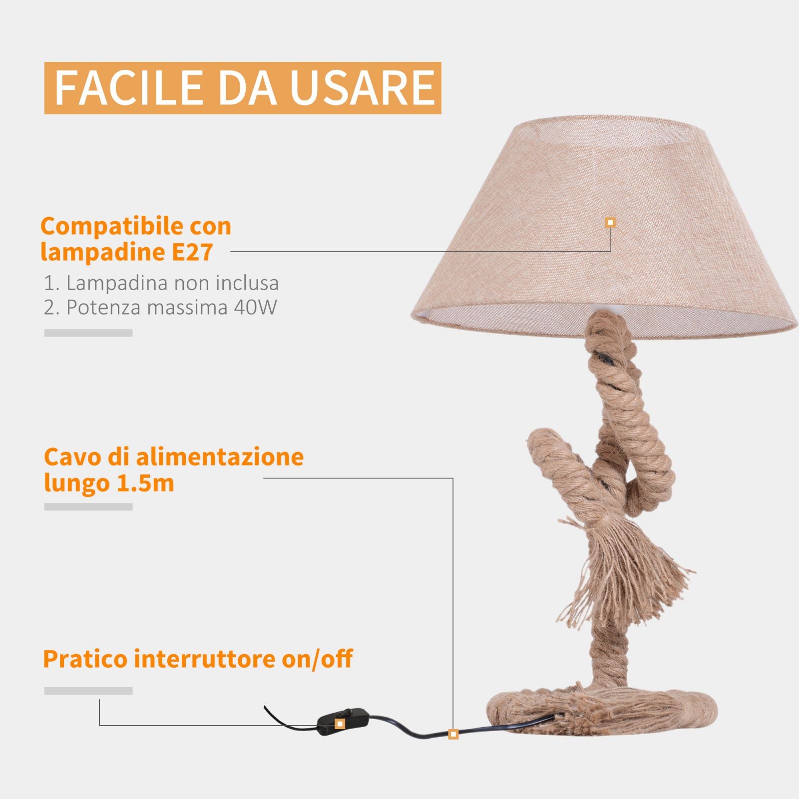 EASYCOMFORT Lampada da Comodino Abat jour in Corda di Canapa Beige  40x40x65cm